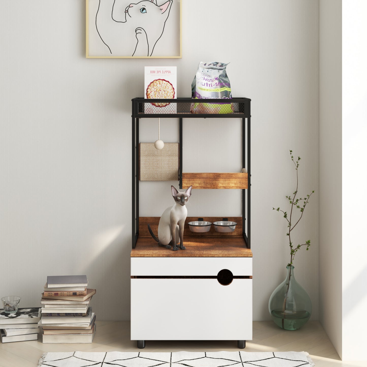 Cat Litter Box Enclosure with Cat Tree Tower, White + Walnut