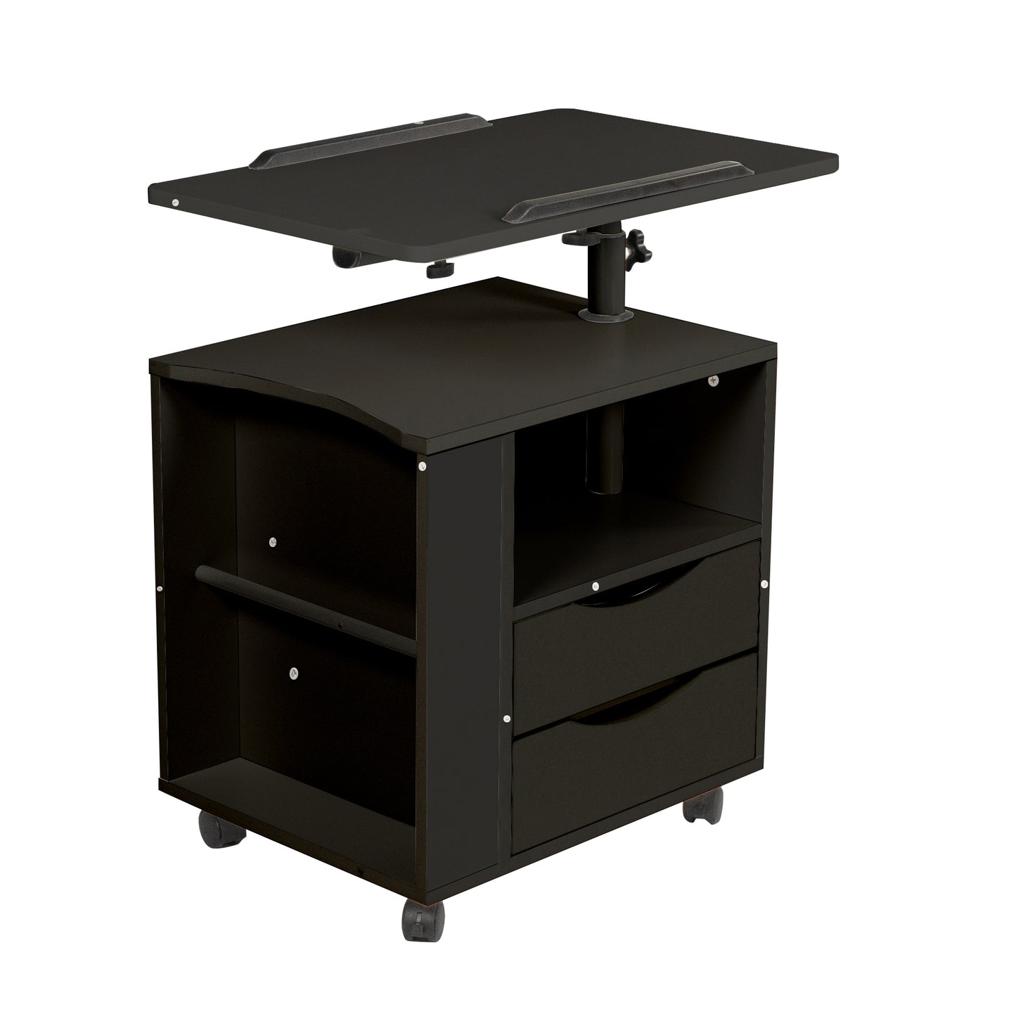 Black Height Adjustable End Table Nightstand with Swivel Top and Wheels