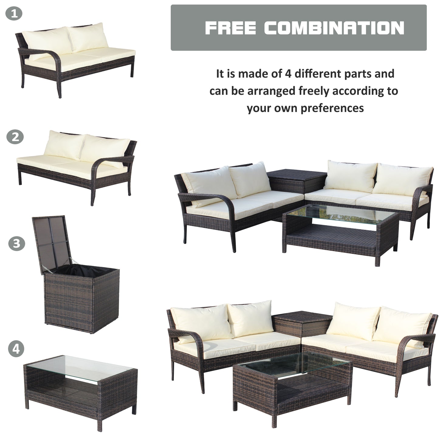 4 Piece Patio Sectional Outdoor Furniture Sofa Set with Storage Box