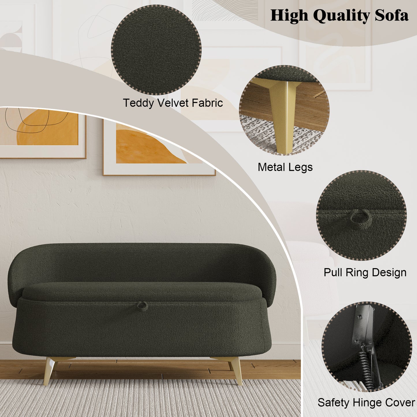 Green Plush Storage Bench
