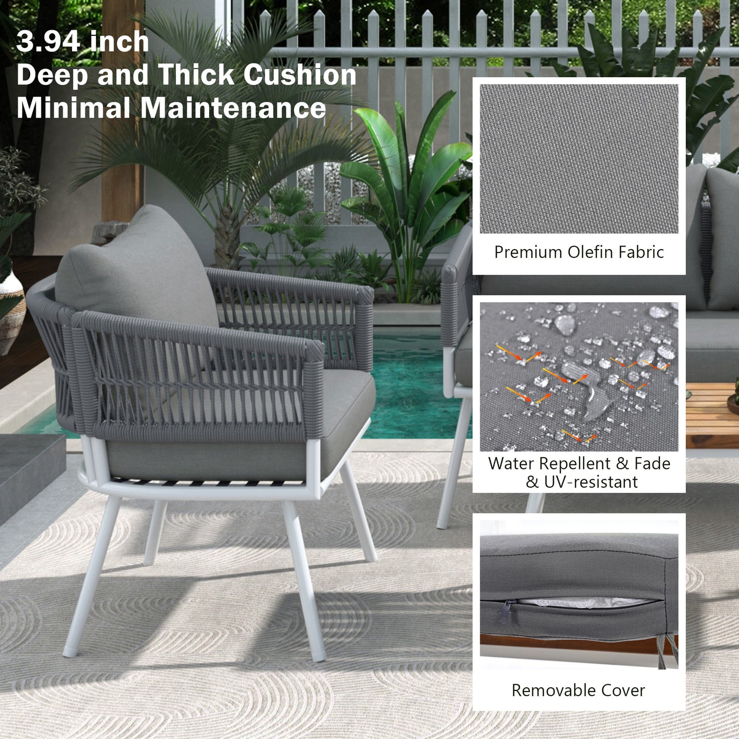 Grey 4-Piece Boho Rope Patio Furniture Set