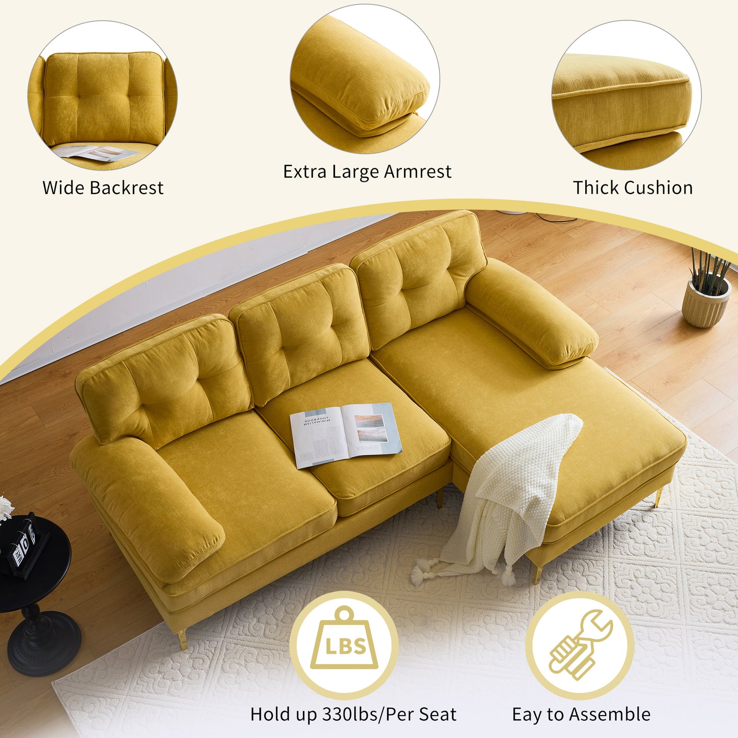 83" Modern Sectional L-Shaped Yellow Sofa