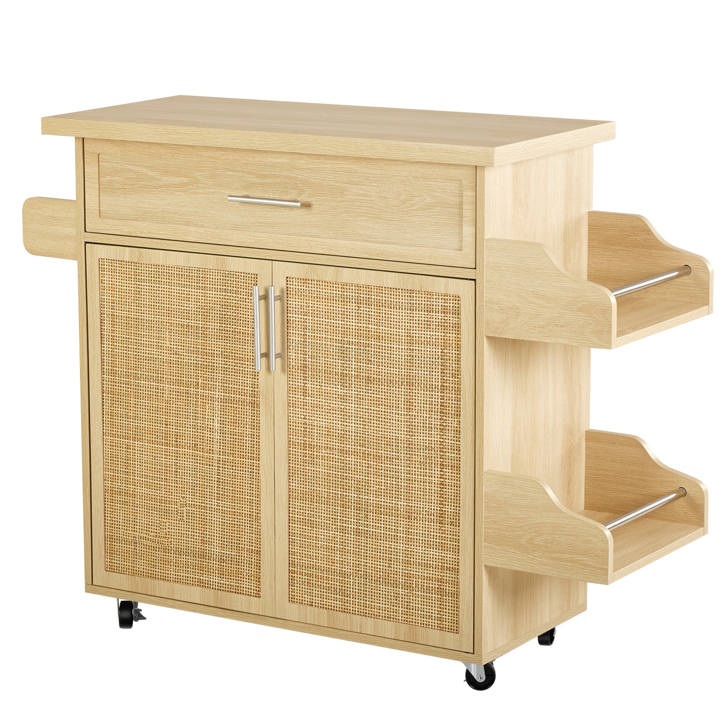 Rolling Contemporary Kitchen Island Cart on Wheels with Spice Racks, Natural