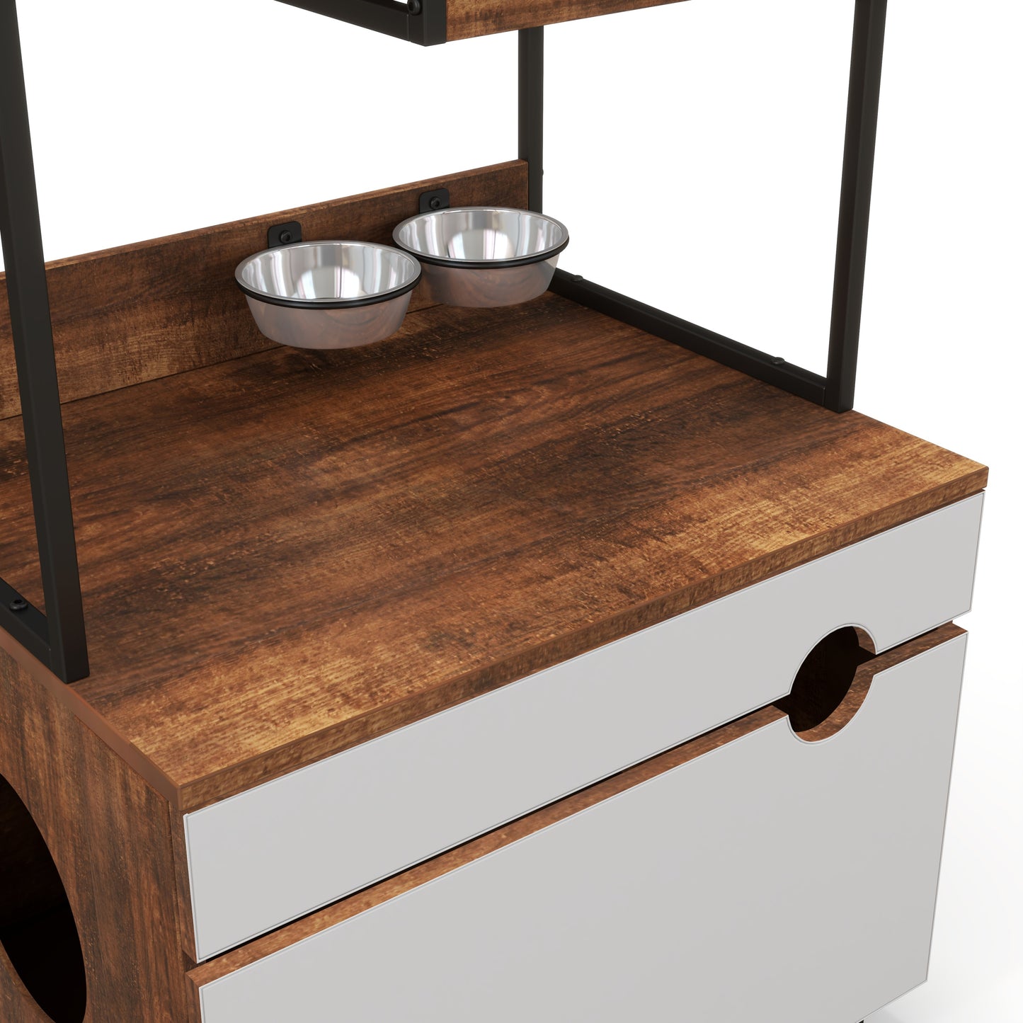 Cat Litter Box Enclosure with Cat Tree Tower, White + Walnut