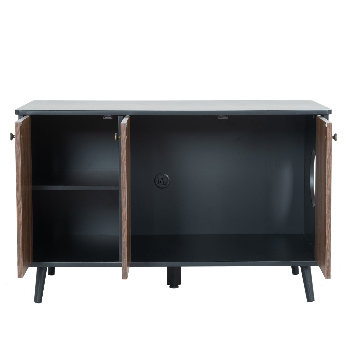 Cat Litter Box Furniture with Hidden Plug, 3 Doors, Walnut and Black