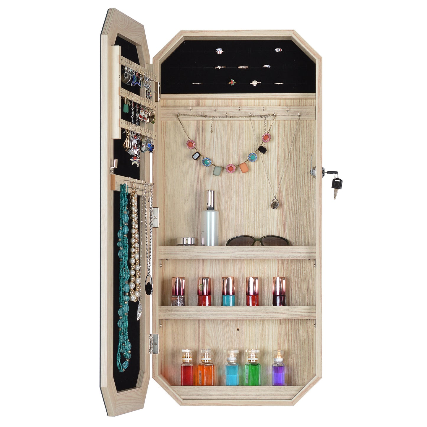 Hanging Mirror with Jewelry Storage Wood Finish