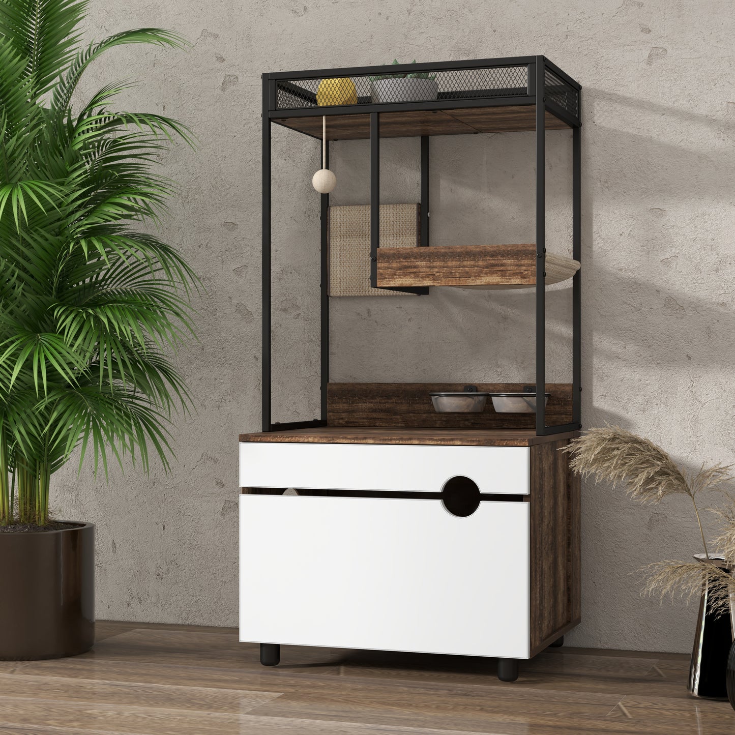 Cat Litter Box Enclosure with Cat Tree Tower, White + Walnut