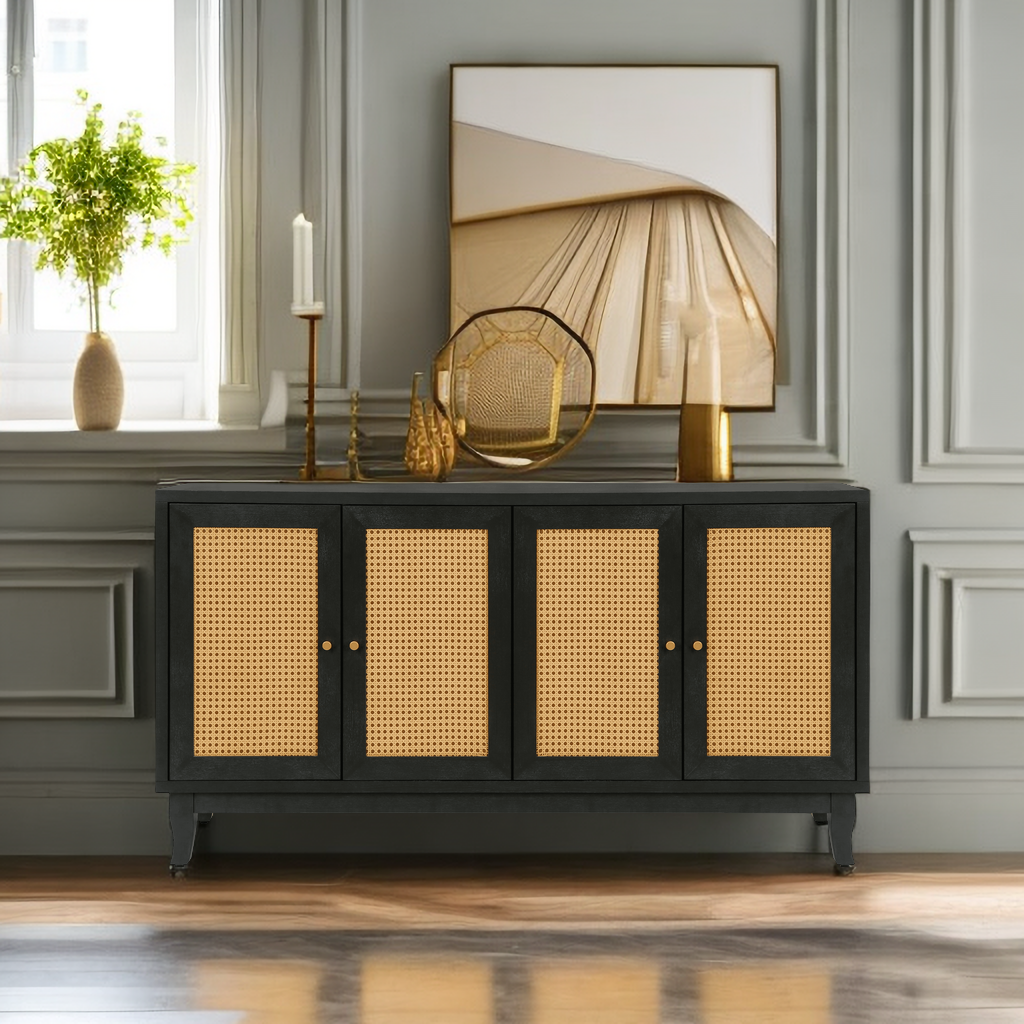 Handcrafted Rattan Sideboard Buffet Cabinet in Black