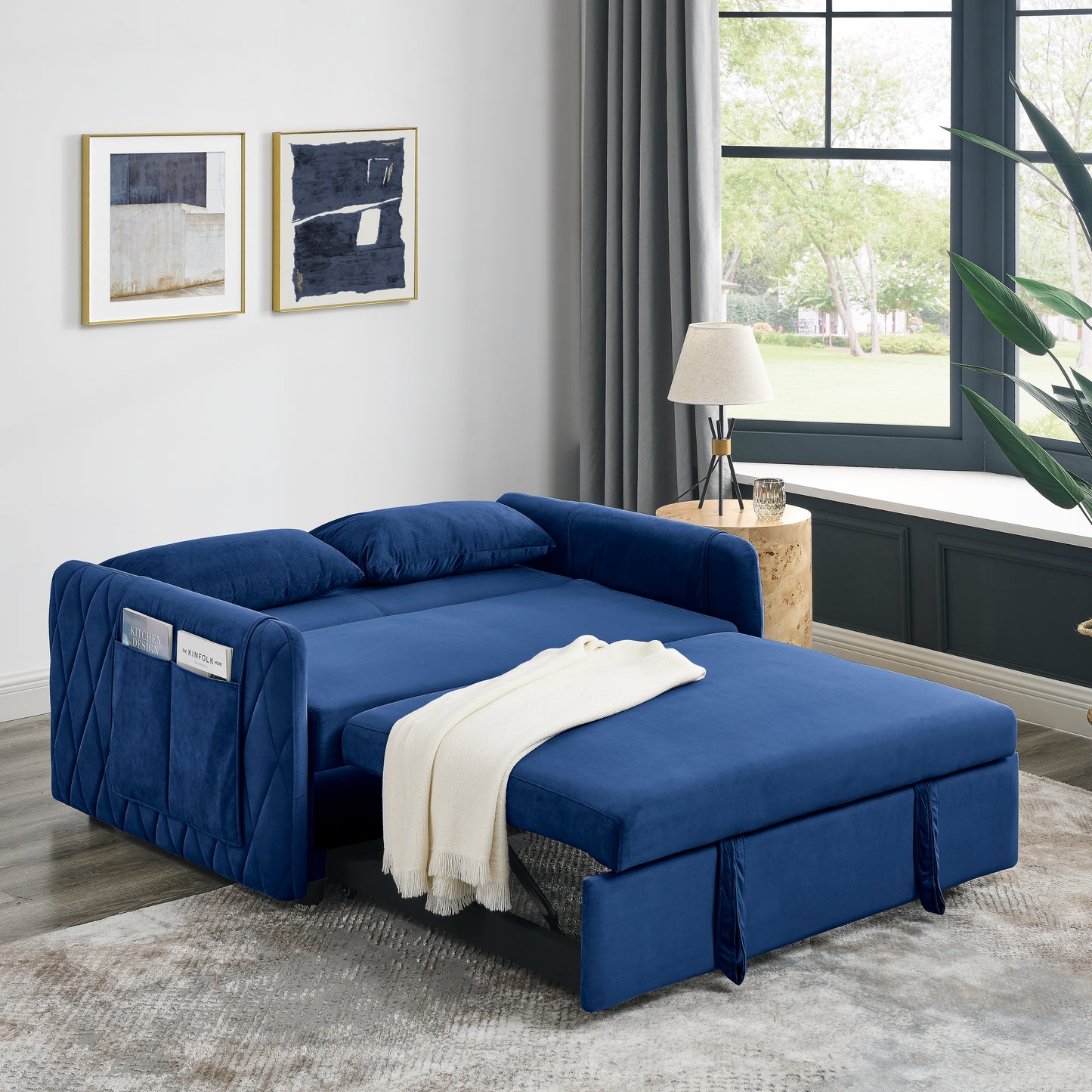 Tufted Blue Modern Convertible Sofa Bed with Detachable Arm Pockets