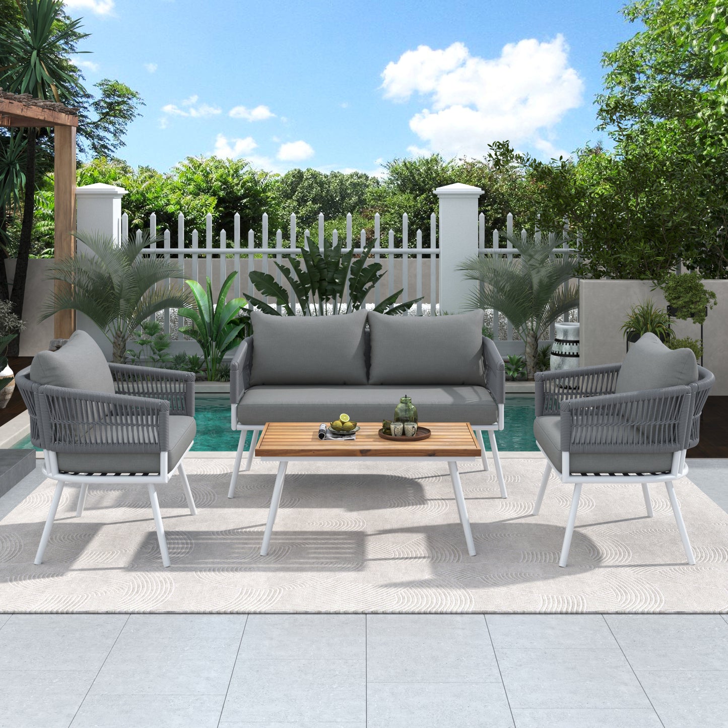 Grey 4-Piece Boho Rope Patio Furniture Set