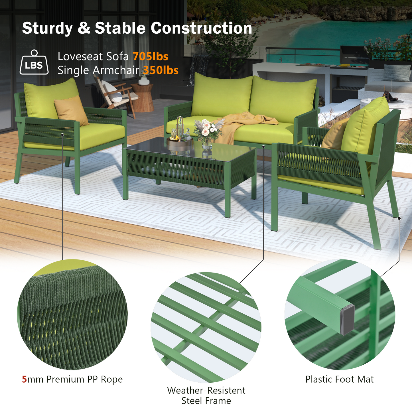 4-Piece Green Rope Patio Furniture Set