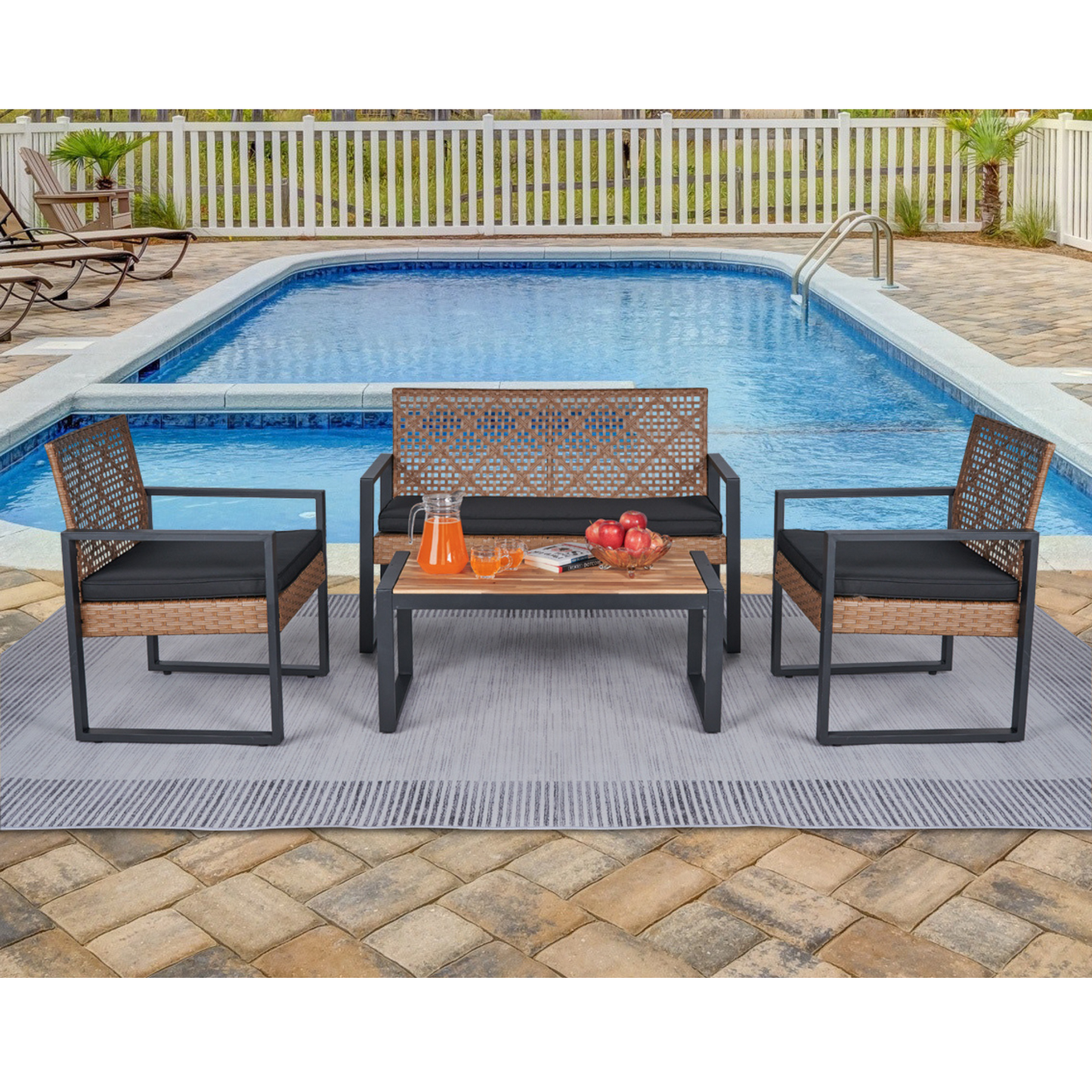 4-Piece Acacia Wood Table Top Outdoor Patio Set, Black and Light Brown