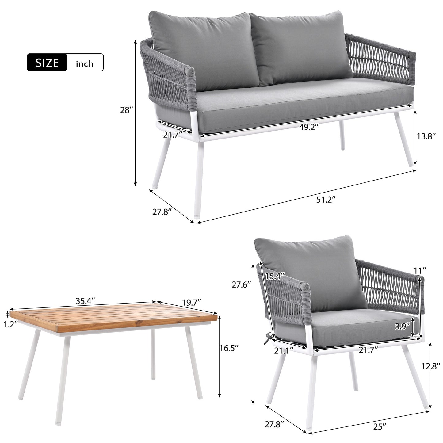 Grey 4-Piece Boho Rope Patio Furniture Set