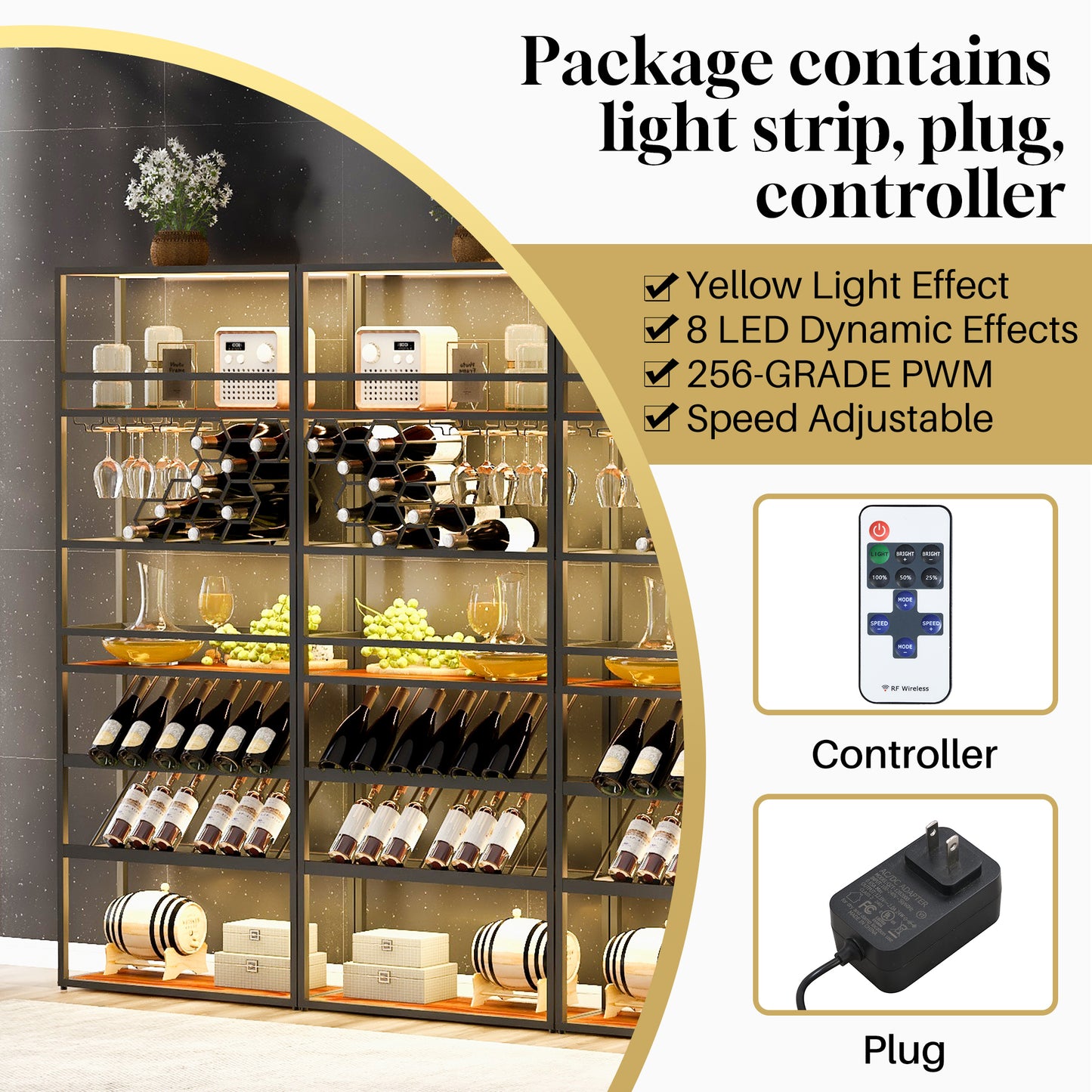 LED Lighted Tall Wine Rack and Adjustable Display Shelves