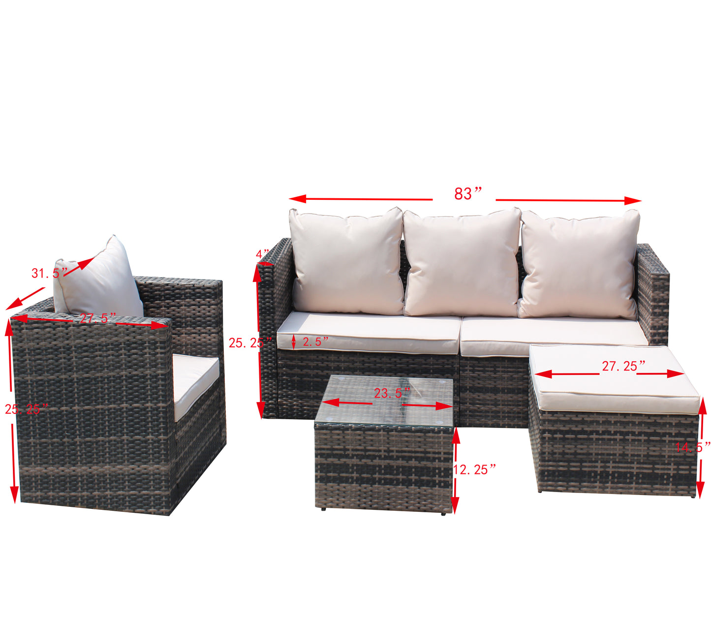 Rattan Patio Furniture 4-Piece Set with Sectional Sofa