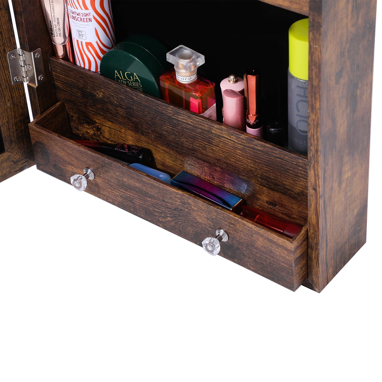 Wall or Door Hung Jewelry Storage Mirror Cabinet, Wood Finish