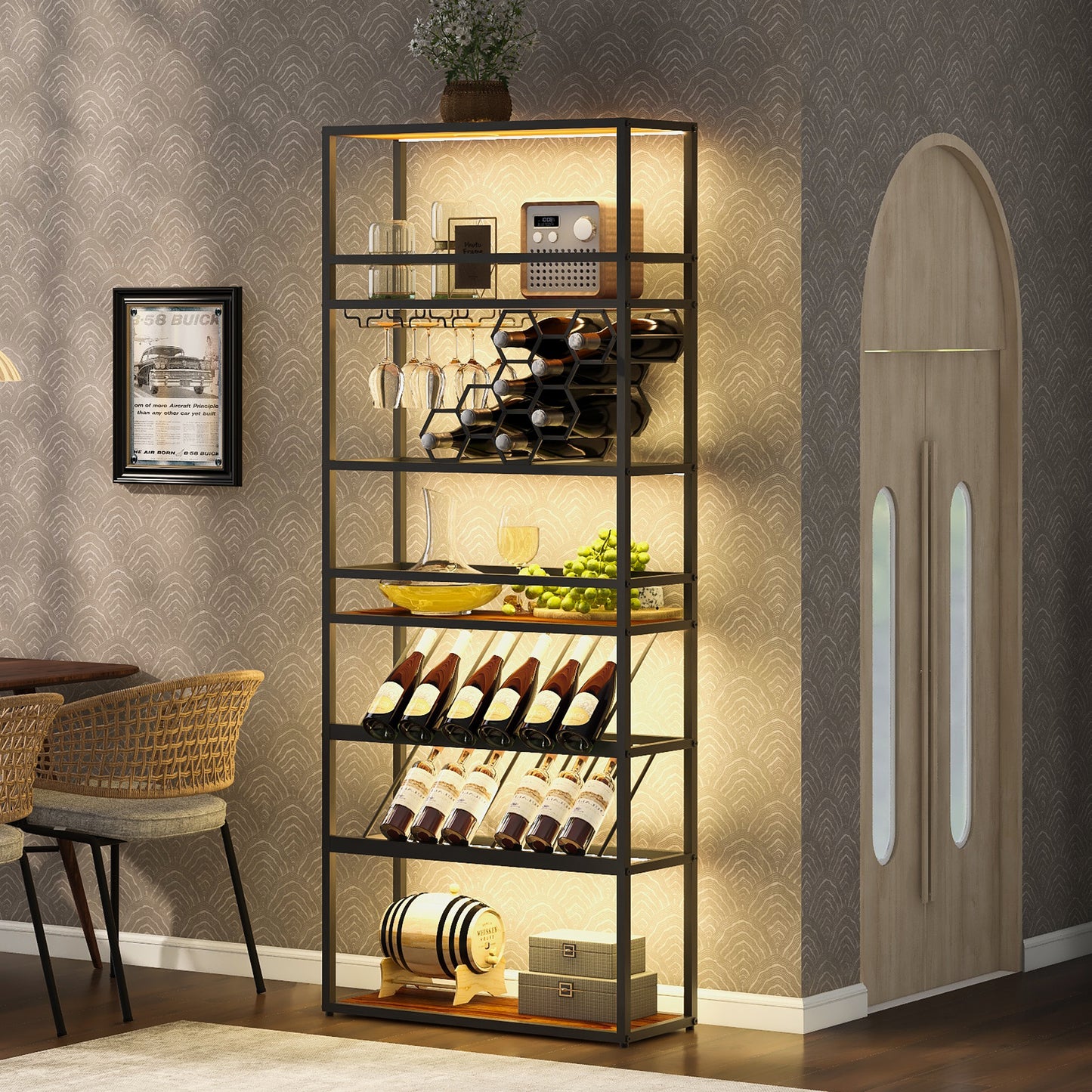 LED Lighted Tall Wine Rack and Adjustable Display Shelves