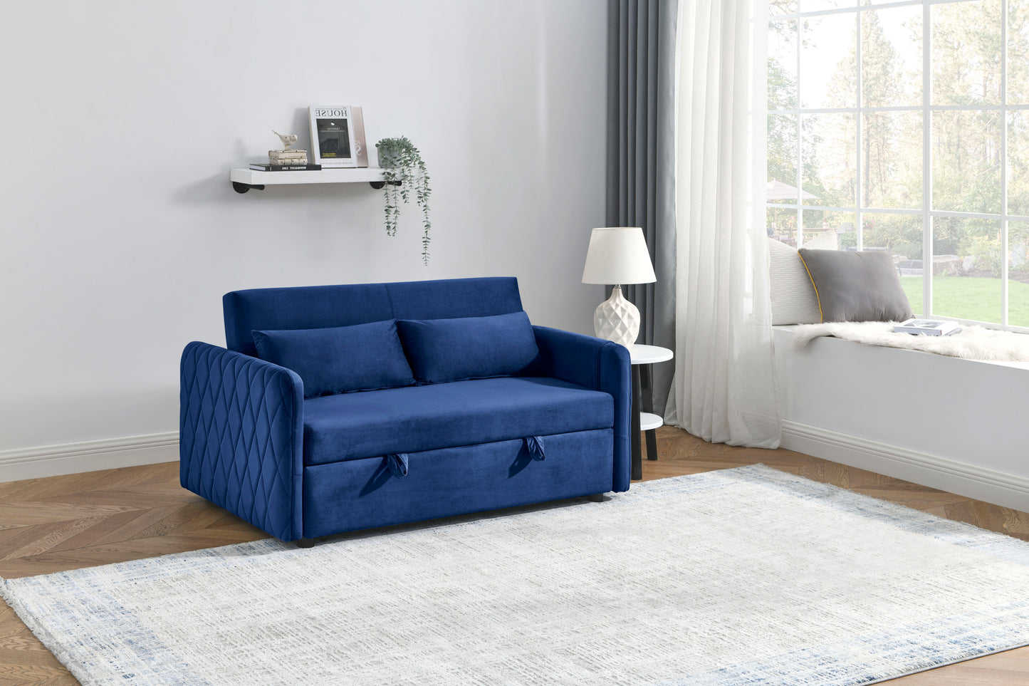 Tufted Blue Modern Convertible Sofa Bed with Detachable Arm Pockets