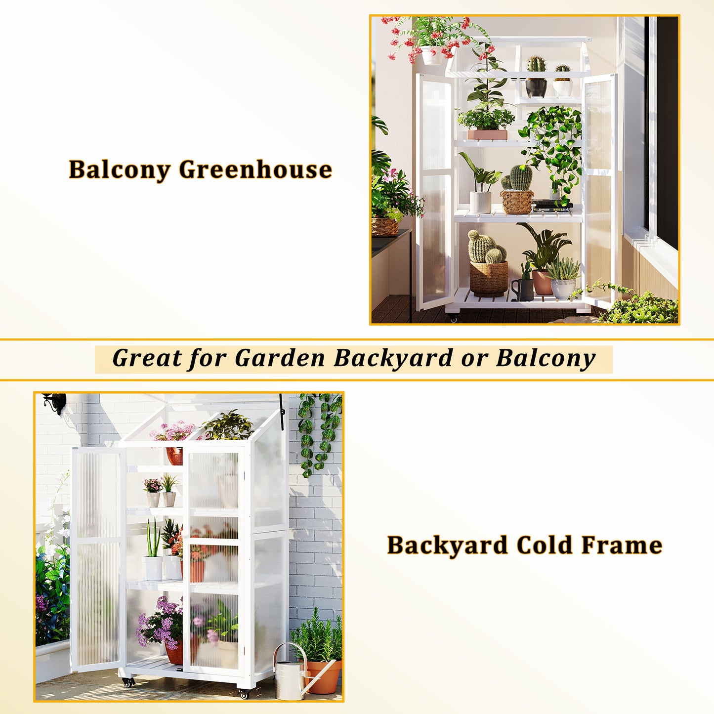Small Greenhouse on Wheels with Adjustable Shelves for Outdoor or Indoor Use, 62inches tall, White