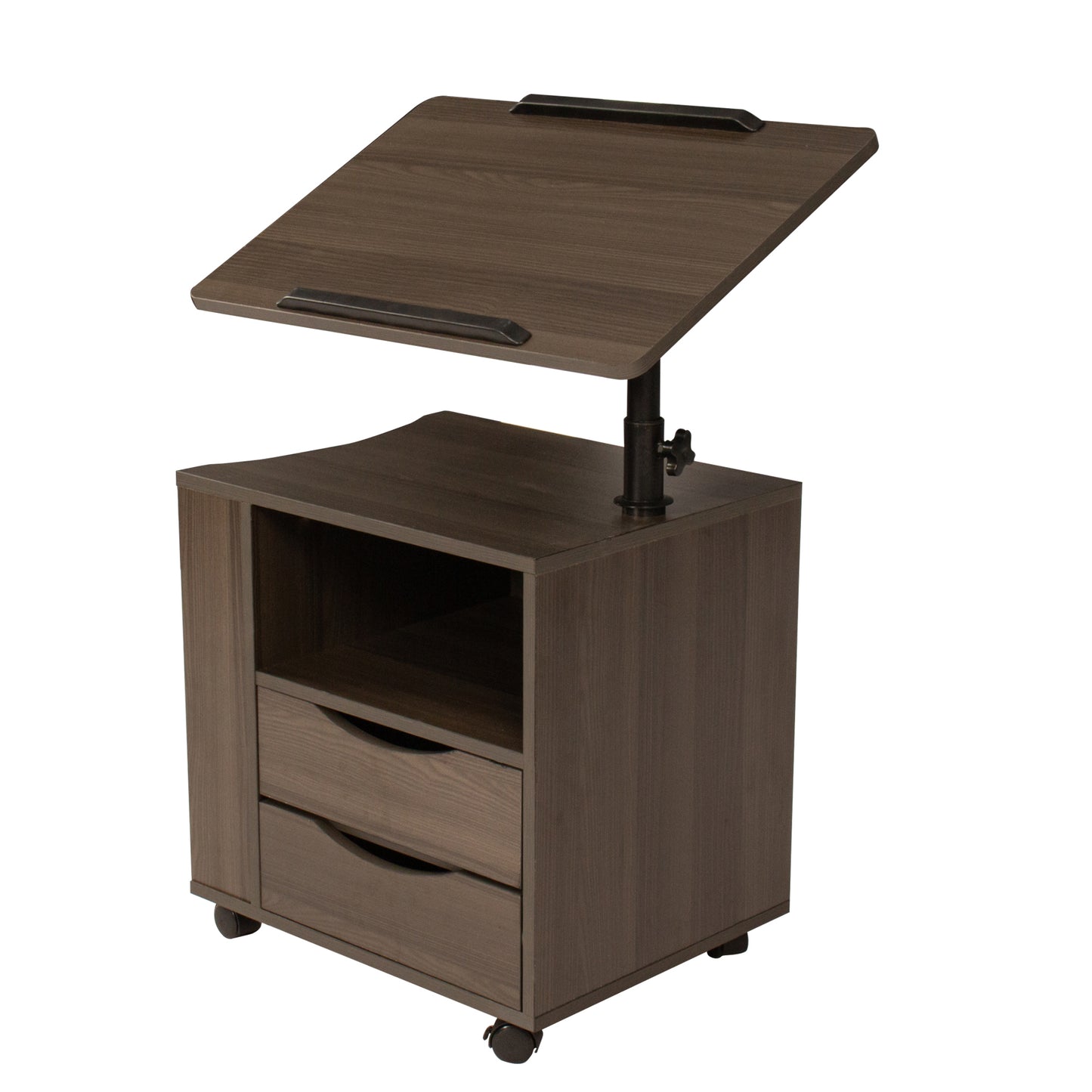 Brown Oak Height Adjustable End Table Nightstand with Swivel Top and Wheels