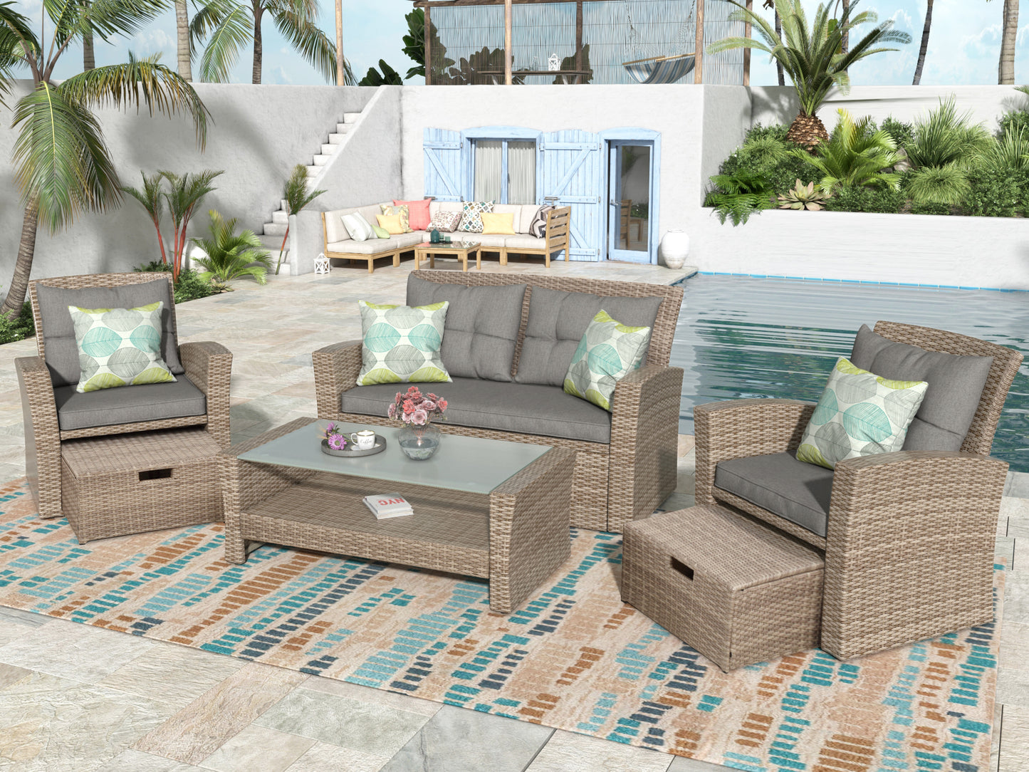 4 Piece Tan Outdoor Wicker Conversation Set with Storage Ottomans