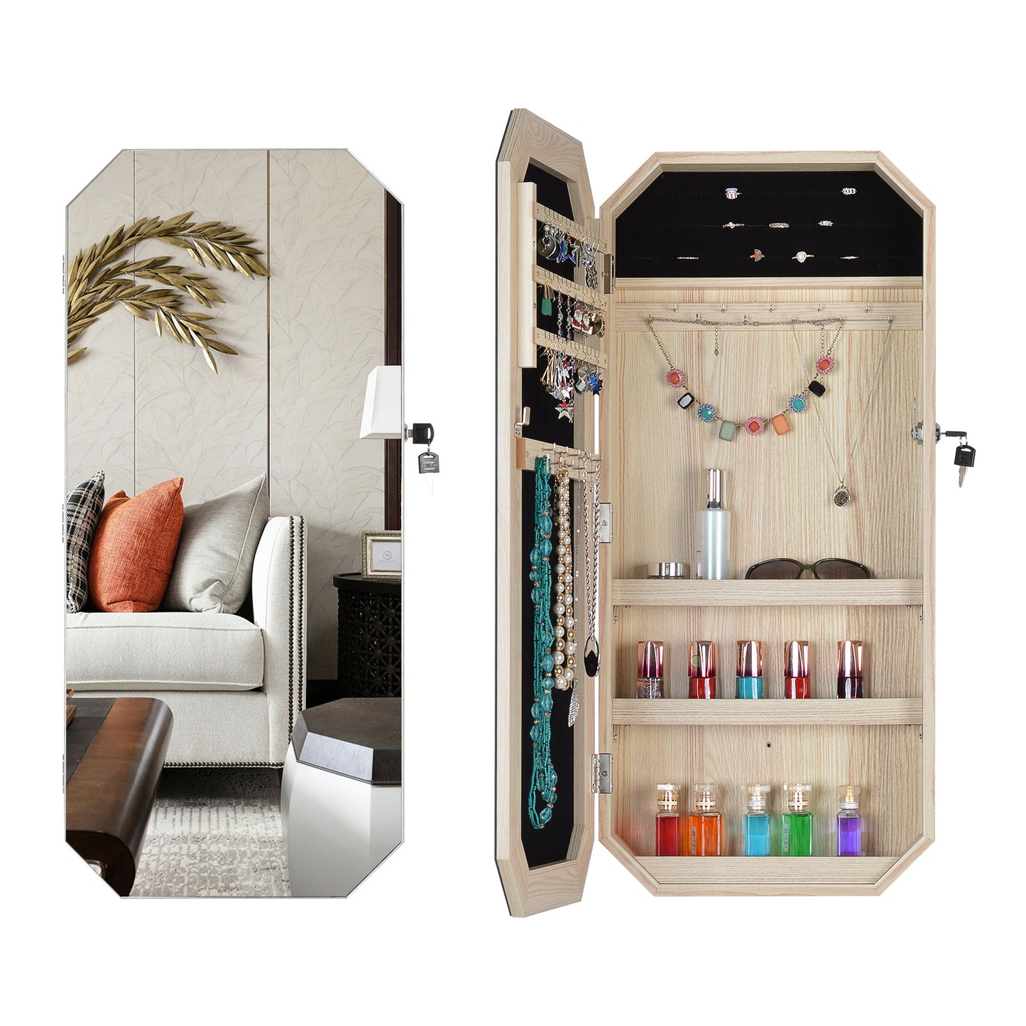 Hanging Mirror with Jewelry Storage Wood Finish