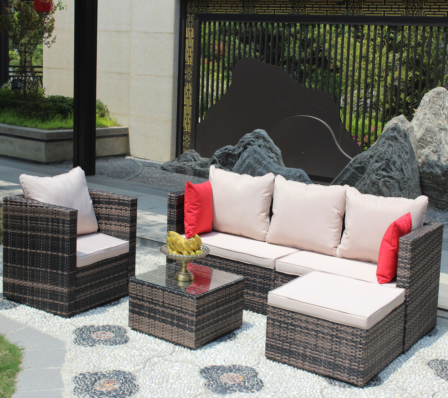 Rattan Patio Furniture 4-Piece Set with Sectional Sofa