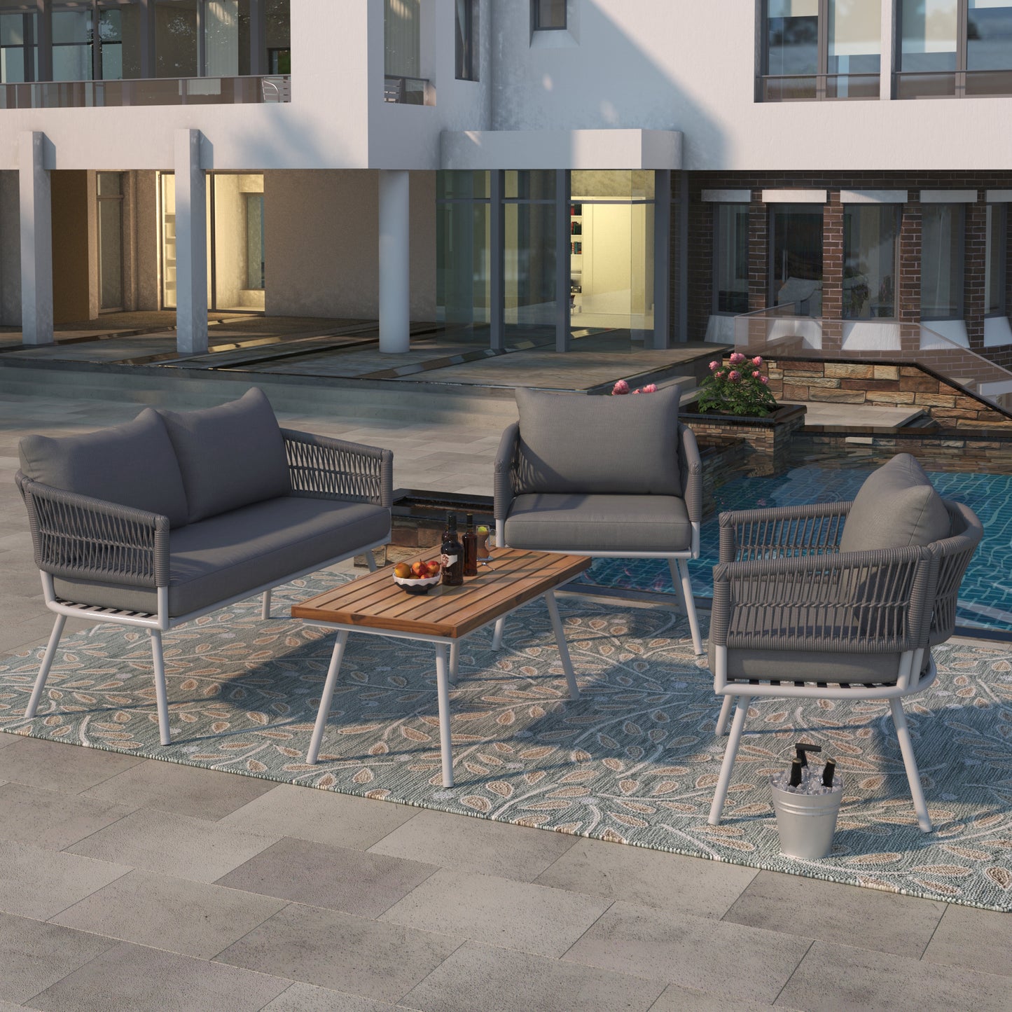 Grey 4-Piece Boho Rope Patio Furniture Set