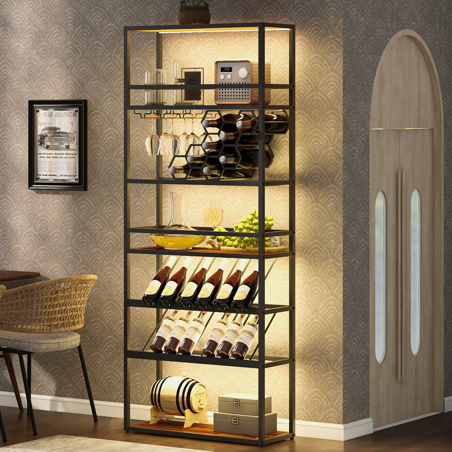 LED Lighted Tall Wine Rack and Adjustable Display Shelves