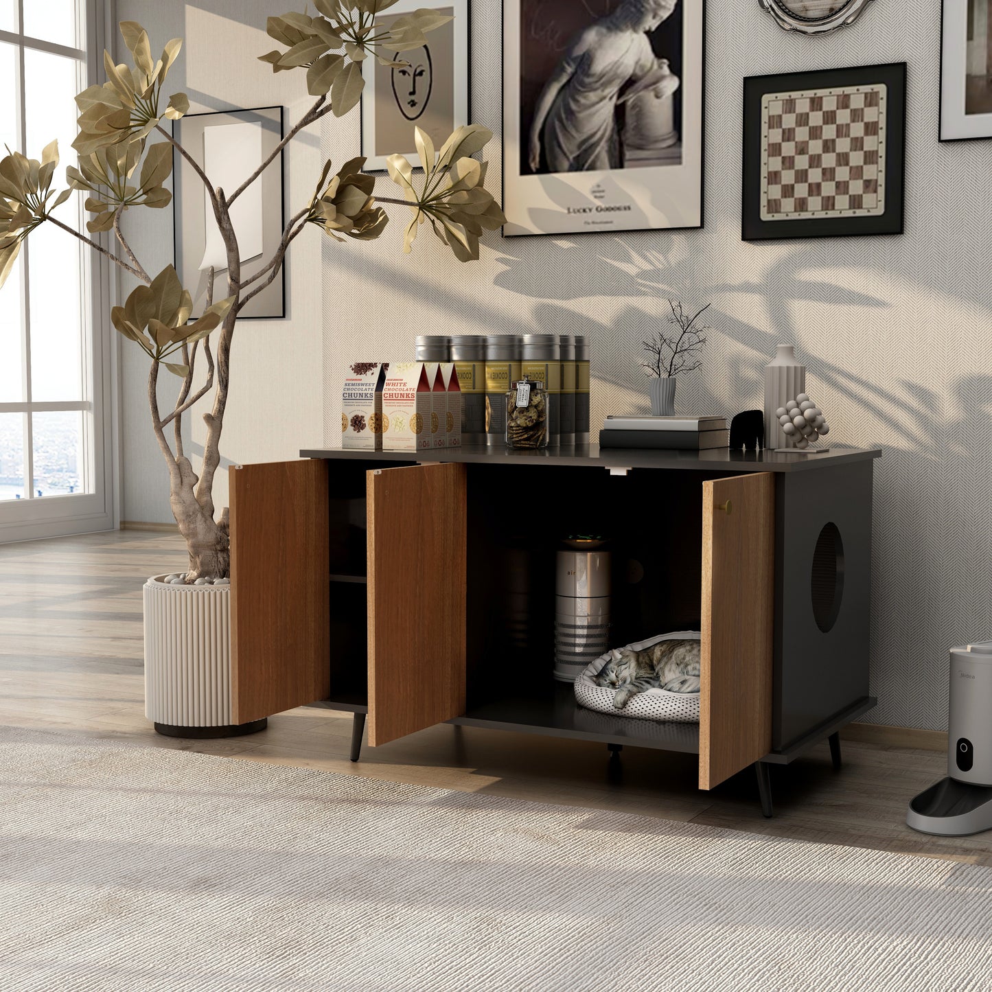 Cat Litter Box Furniture with Hidden Plug, 3 Doors, Walnut and Black