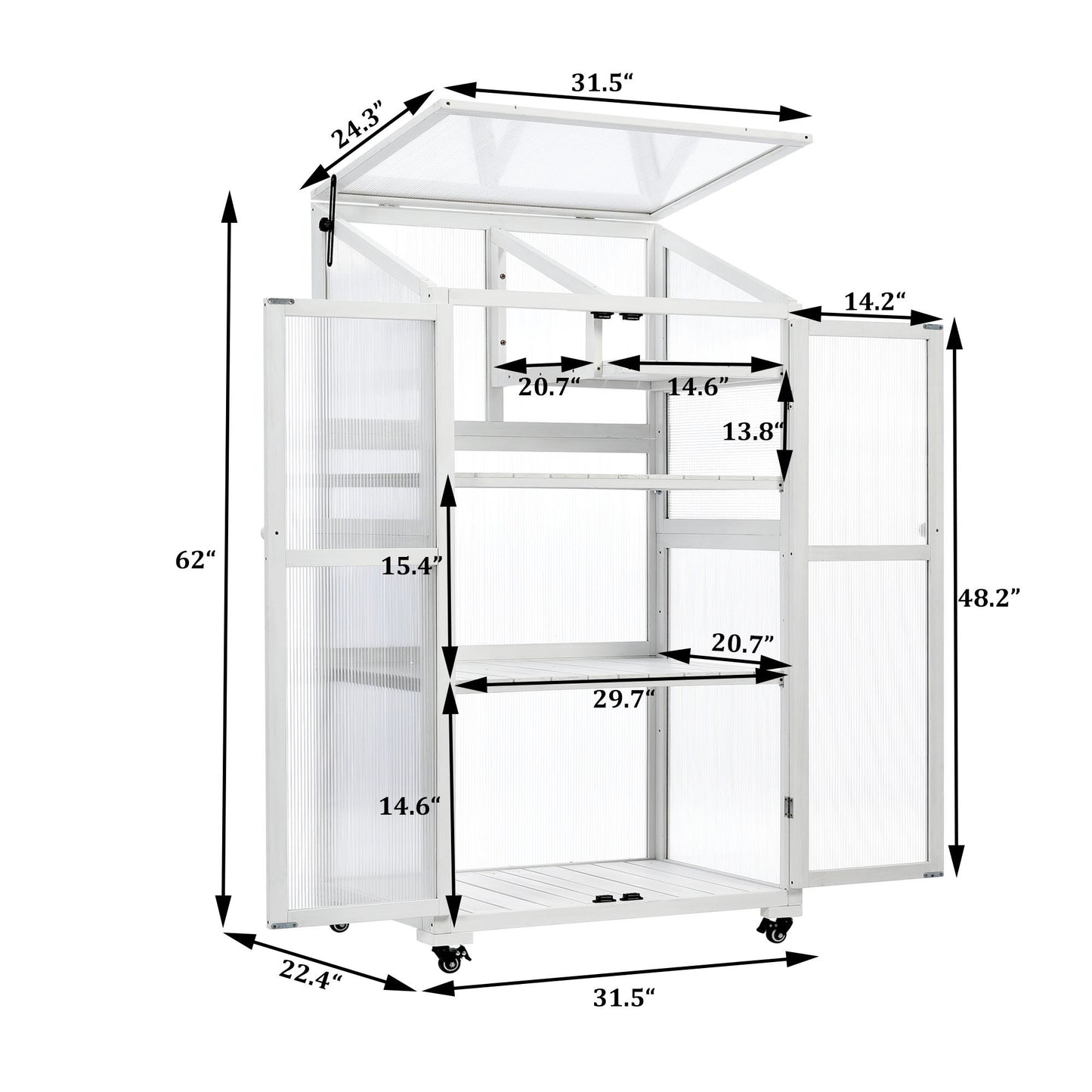 Small Greenhouse on Wheels with Adjustable Shelves for Outdoor or Indoor Use, 62inches tall, White