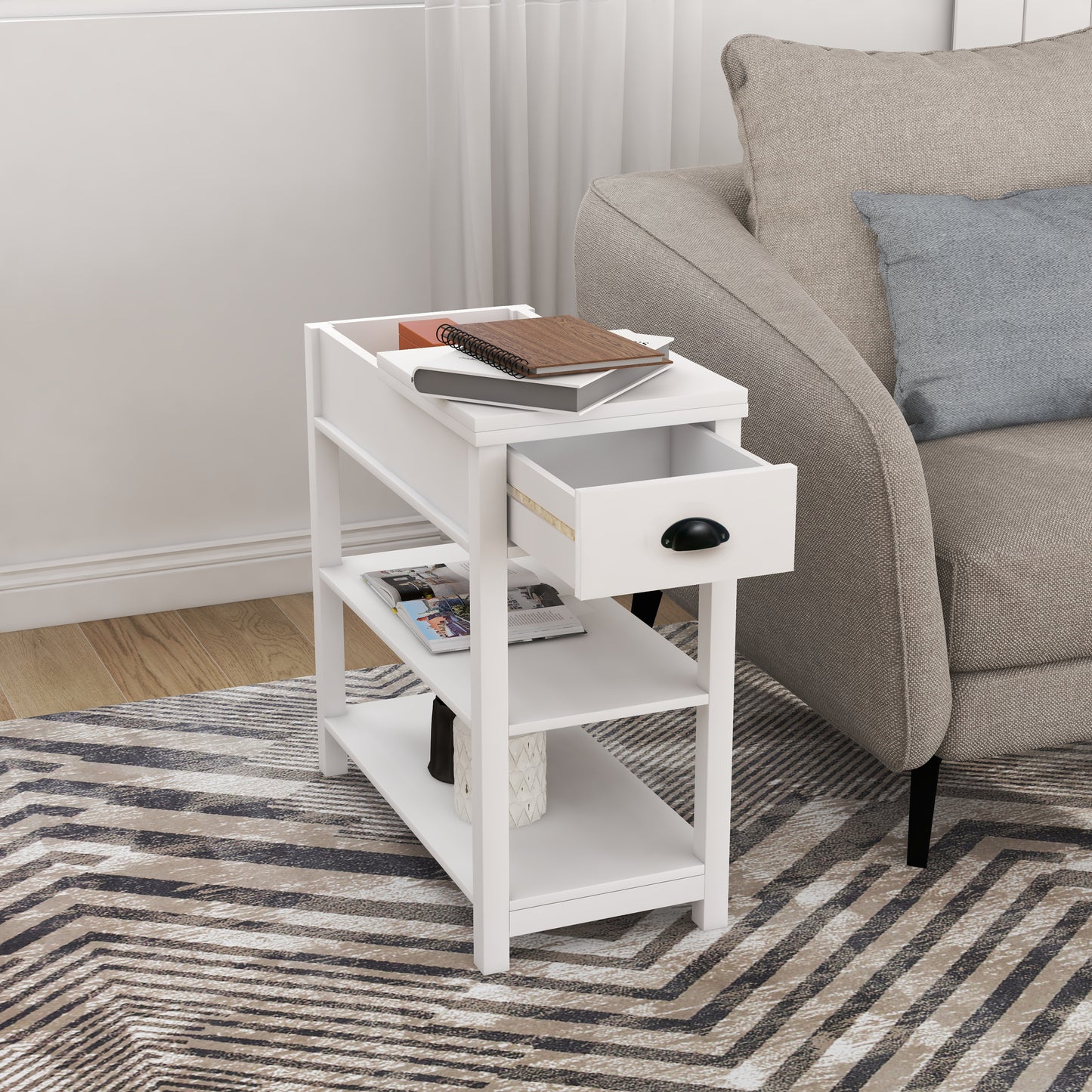 Narrow Side Table with Drawers and Flip-up Design, White