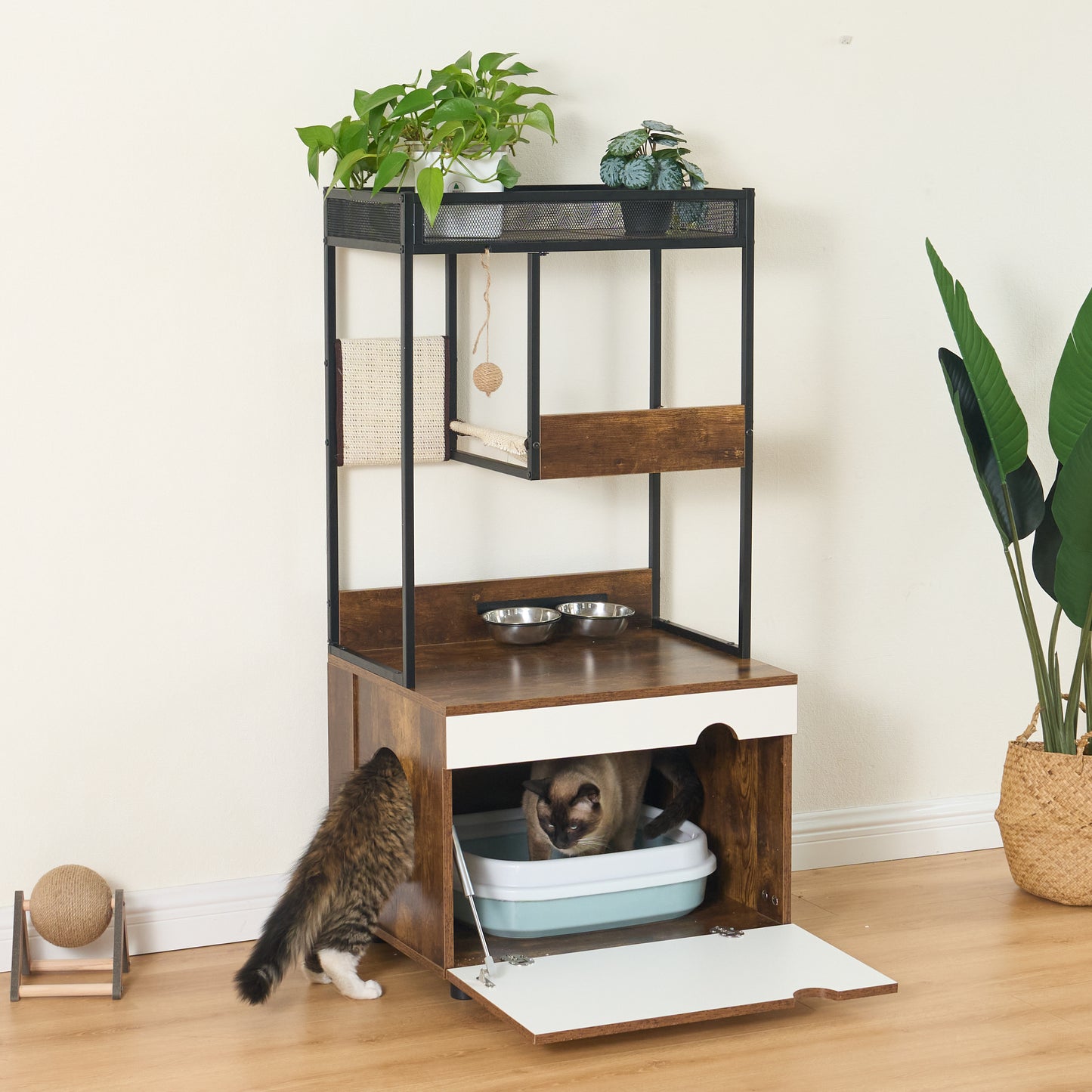 Cat Litter Box Enclosure with Cat Tree Tower, White + Walnut