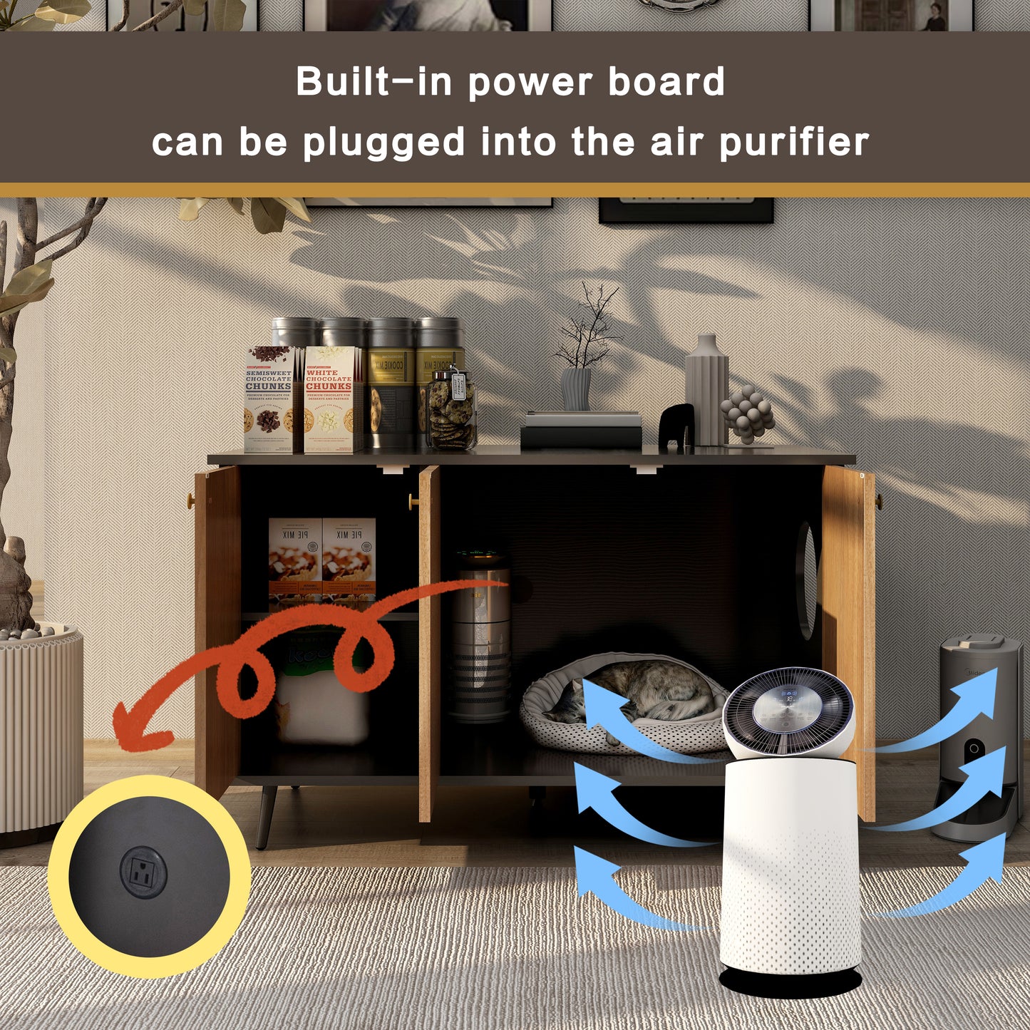 Cat Litter Box Furniture with Hidden Plug, 3 Doors, Walnut and Black