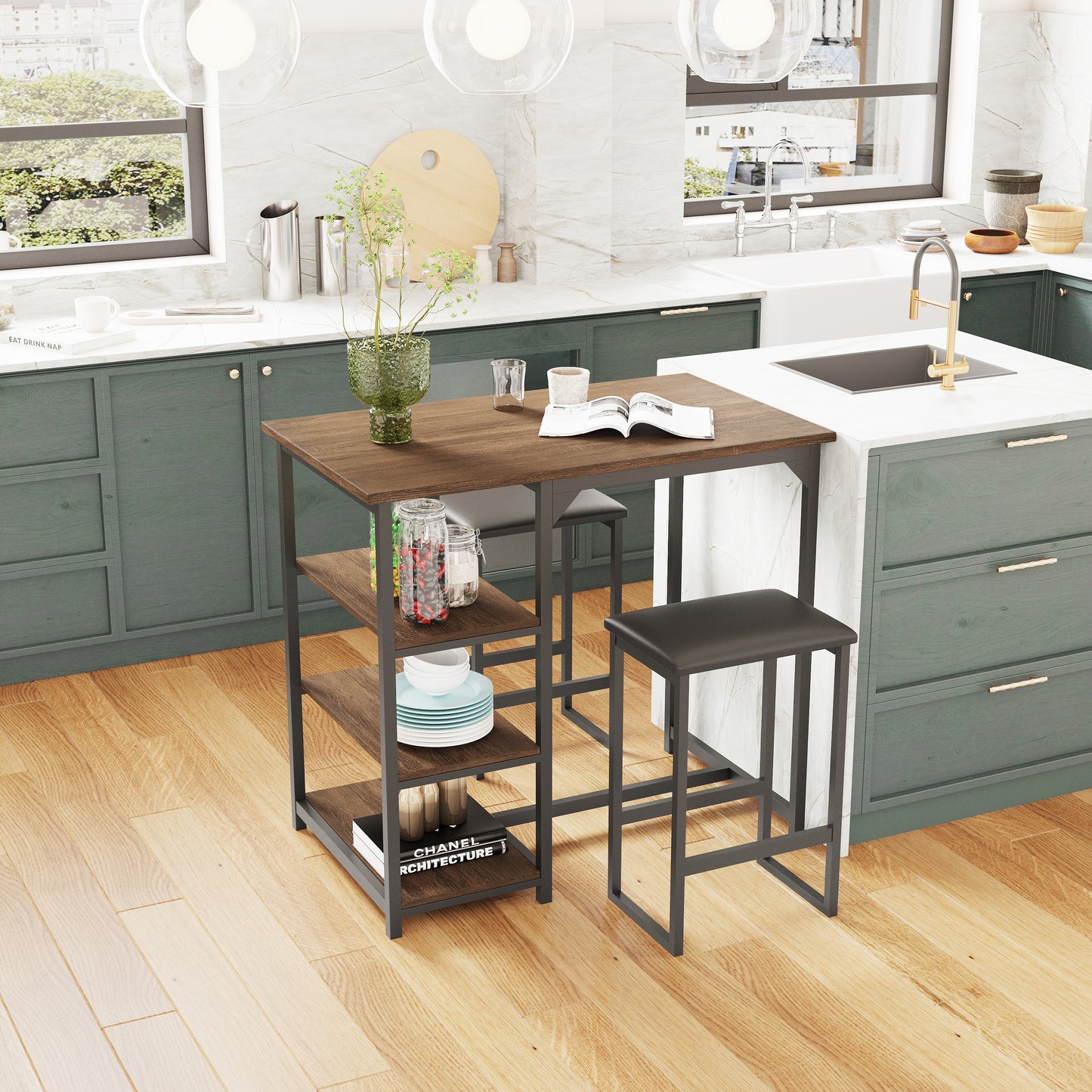 3-Piece Counter-height Table and Stool Set with Shelves