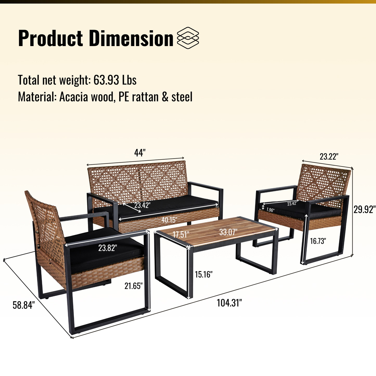 4-Piece Acacia Wood Table Top Outdoor Patio Set, Black and Light Brown