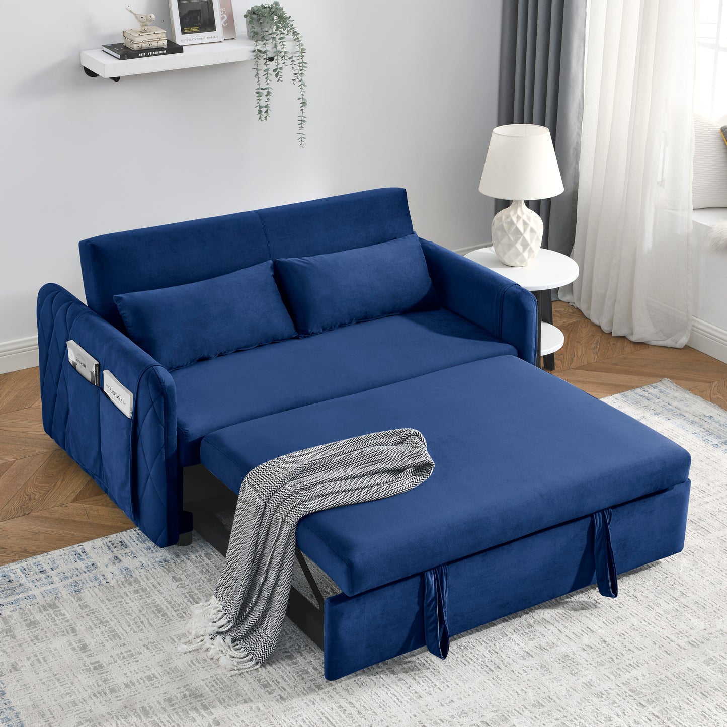 Tufted Blue Modern Convertible Sofa Bed with Detachable Arm Pockets