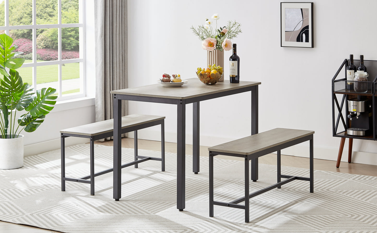 Grey Dining Table Set Counter Height Table with 2 Benches