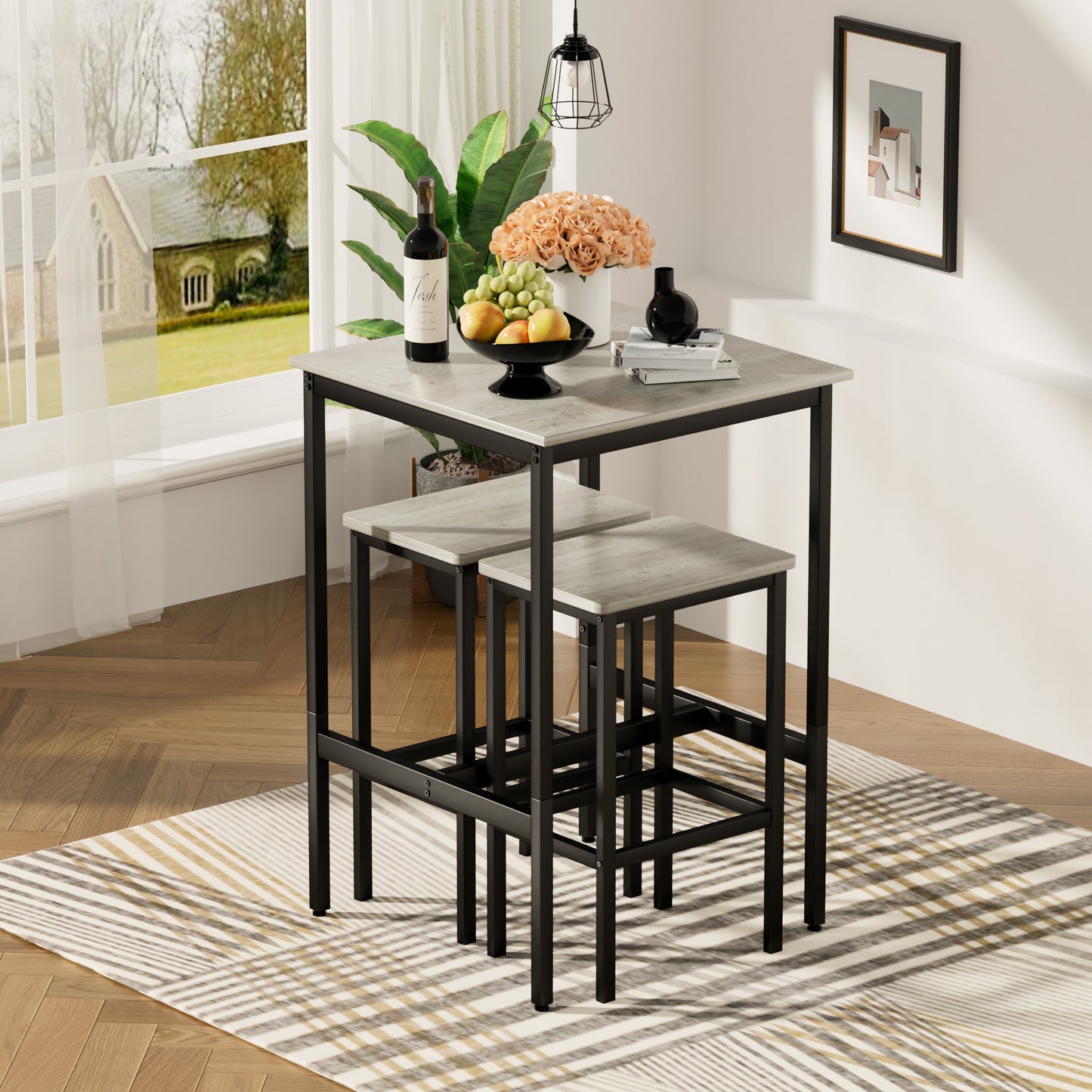 Square Industrial Bar Table Set with 2 Chairs