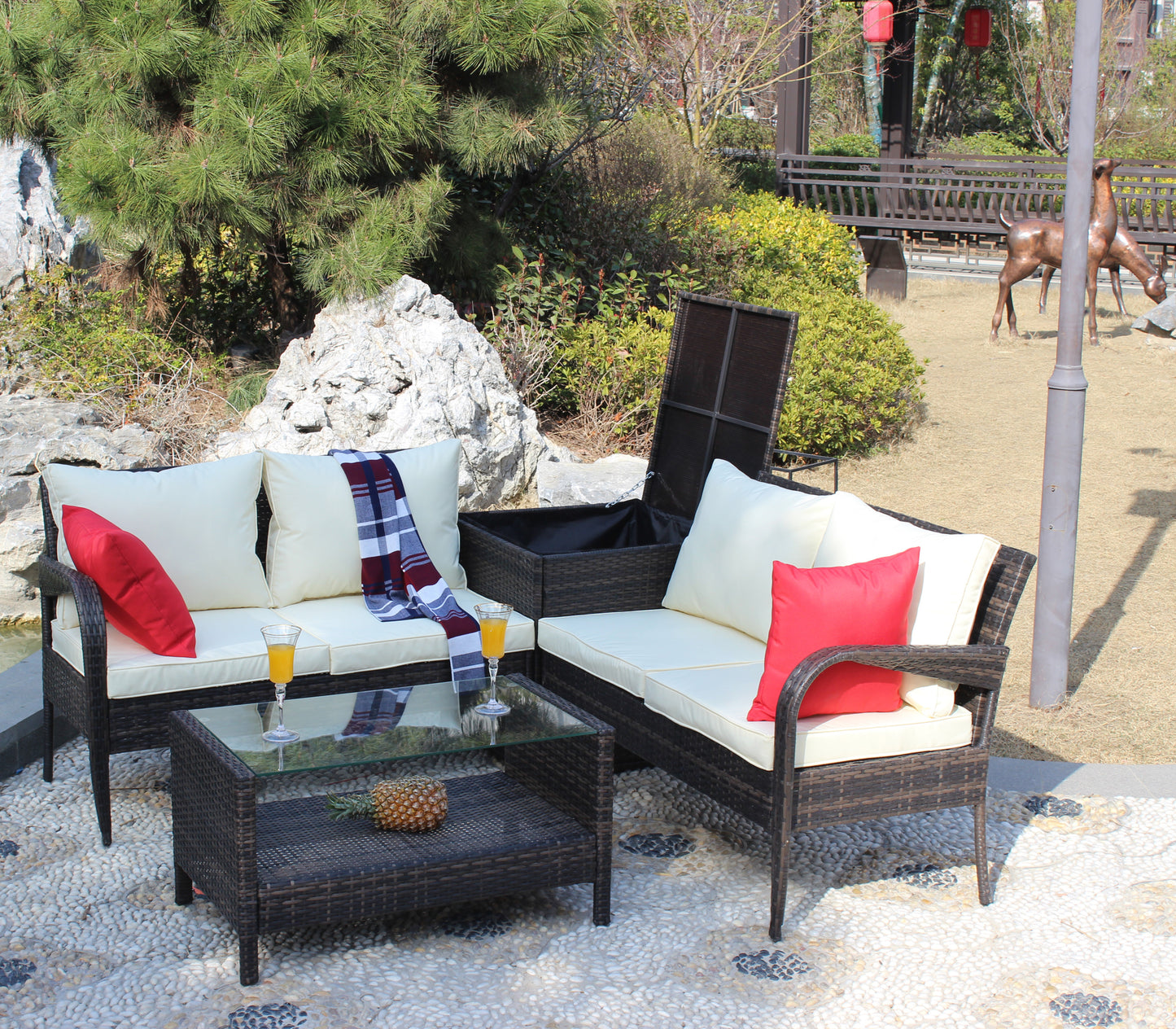 4 Piece Patio Sectional Outdoor Furniture Sofa Set with Storage Box