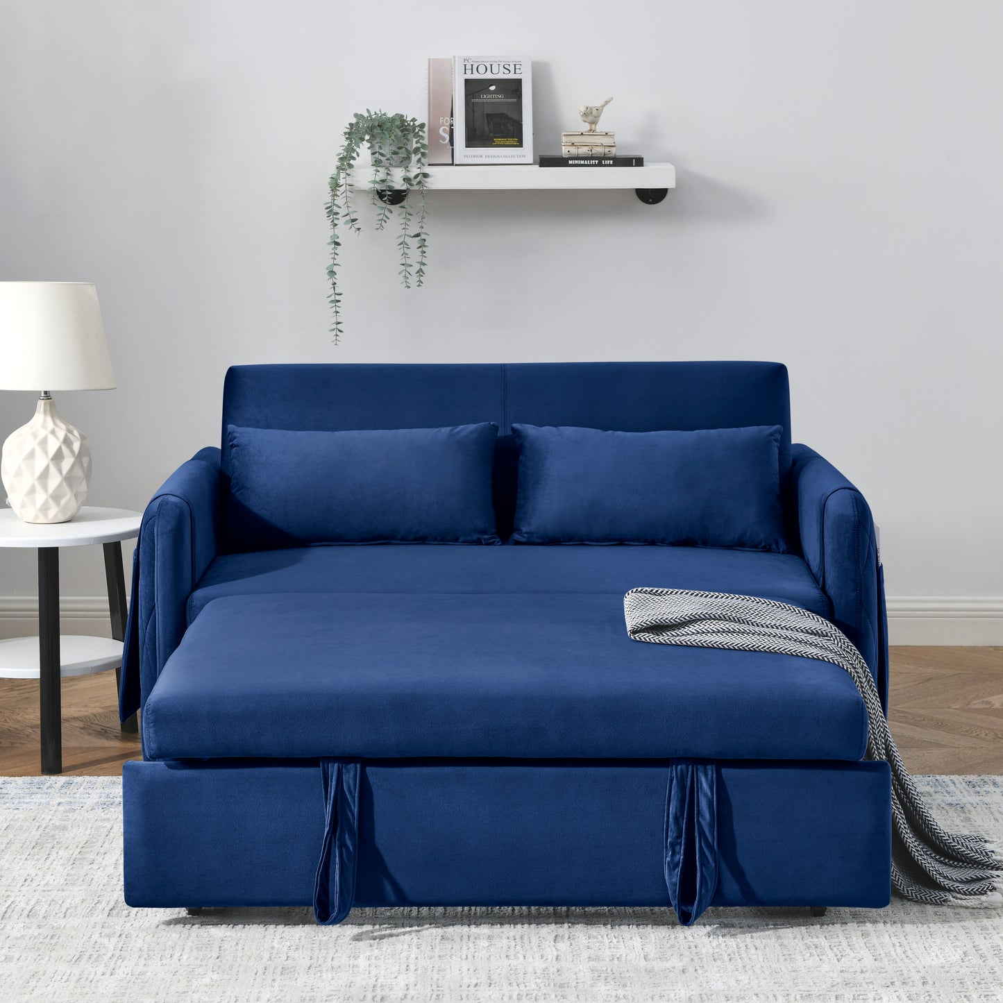 Tufted Blue Modern Convertible Sofa Bed with Detachable Arm Pockets