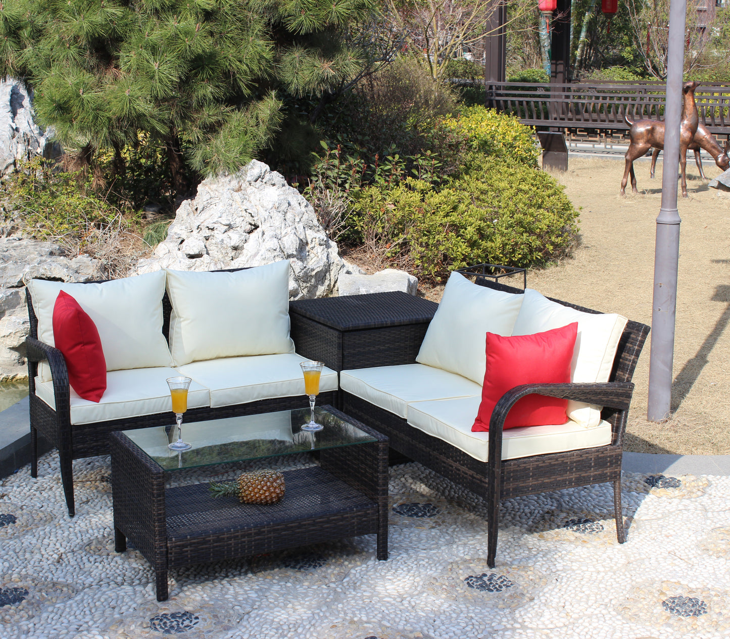 4 Piece Patio Sectional Outdoor Furniture Sofa Set with Storage Box
