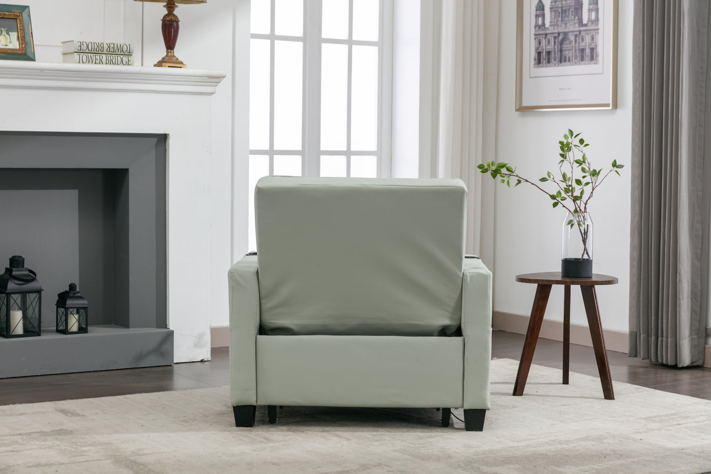 Green Leather Convertible Accent Chair 3-in-1 Pull Out Sleeper Chair with USB Ports