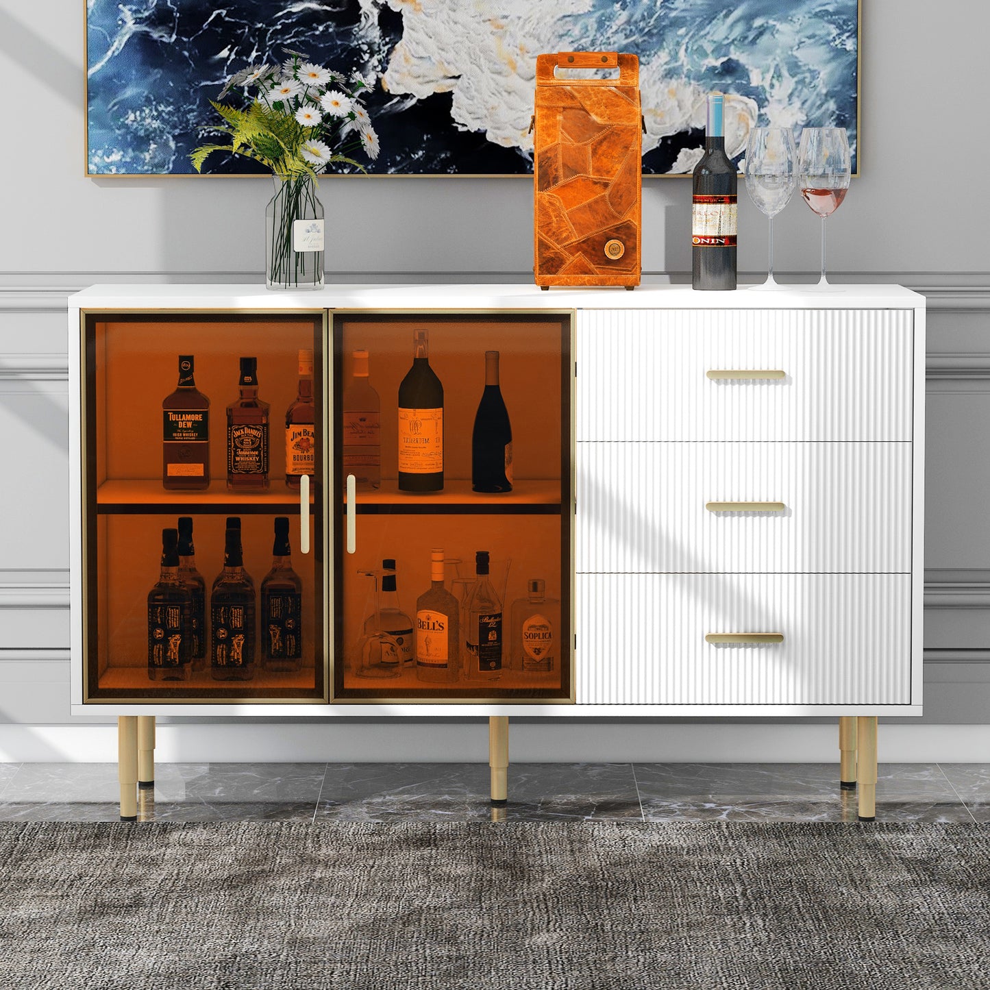 Modern Sideboard Buffet Cabinet with Amber-yellow Tempered Glass Doors