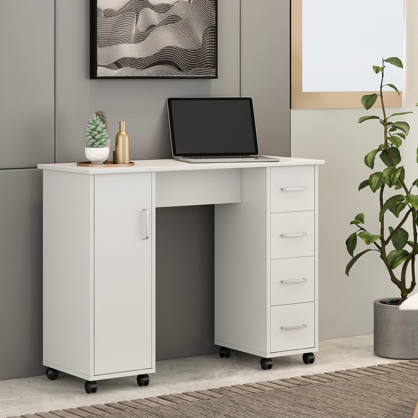 White Home Office Desk Table with Storage