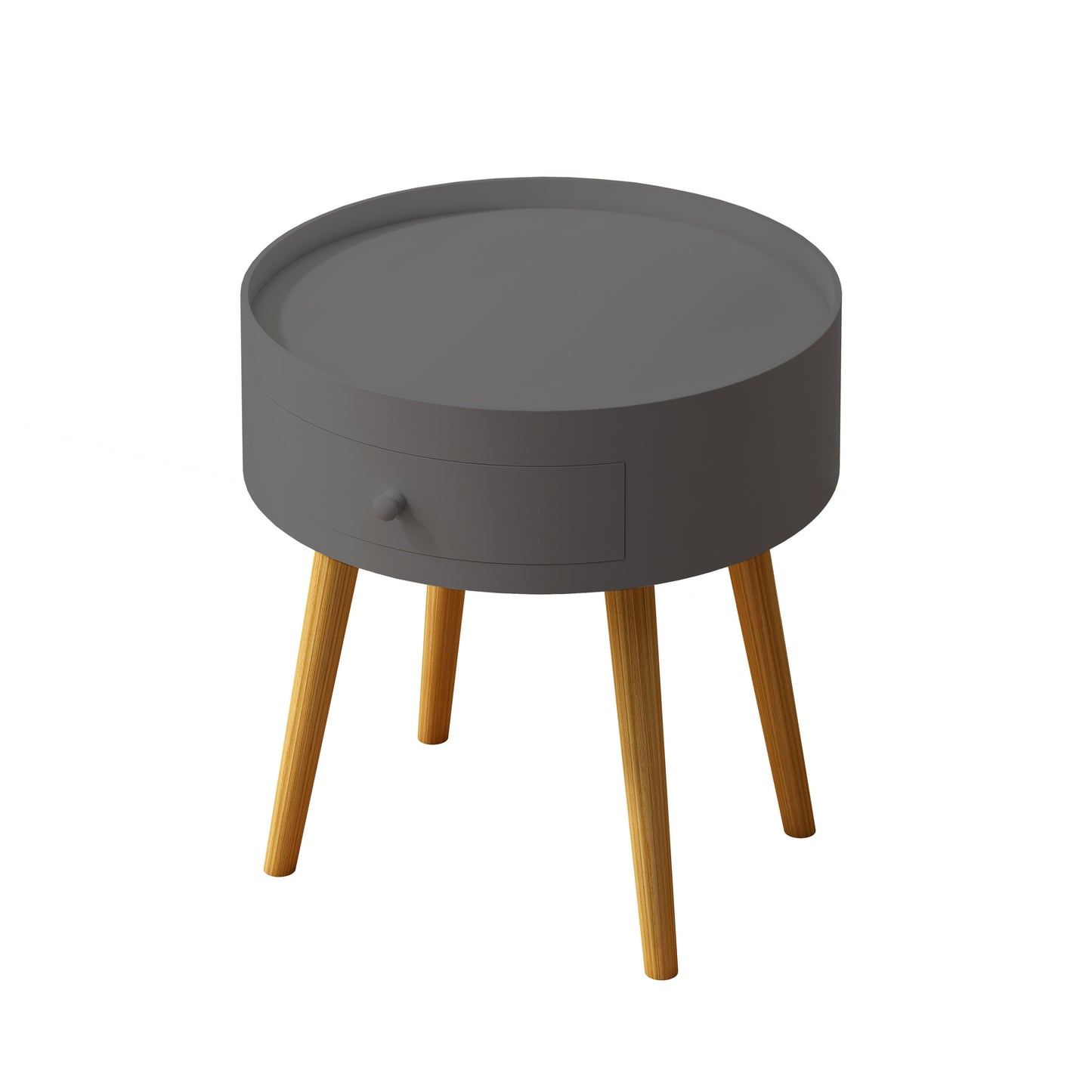 Gray Round Modern Side Table with Drawer