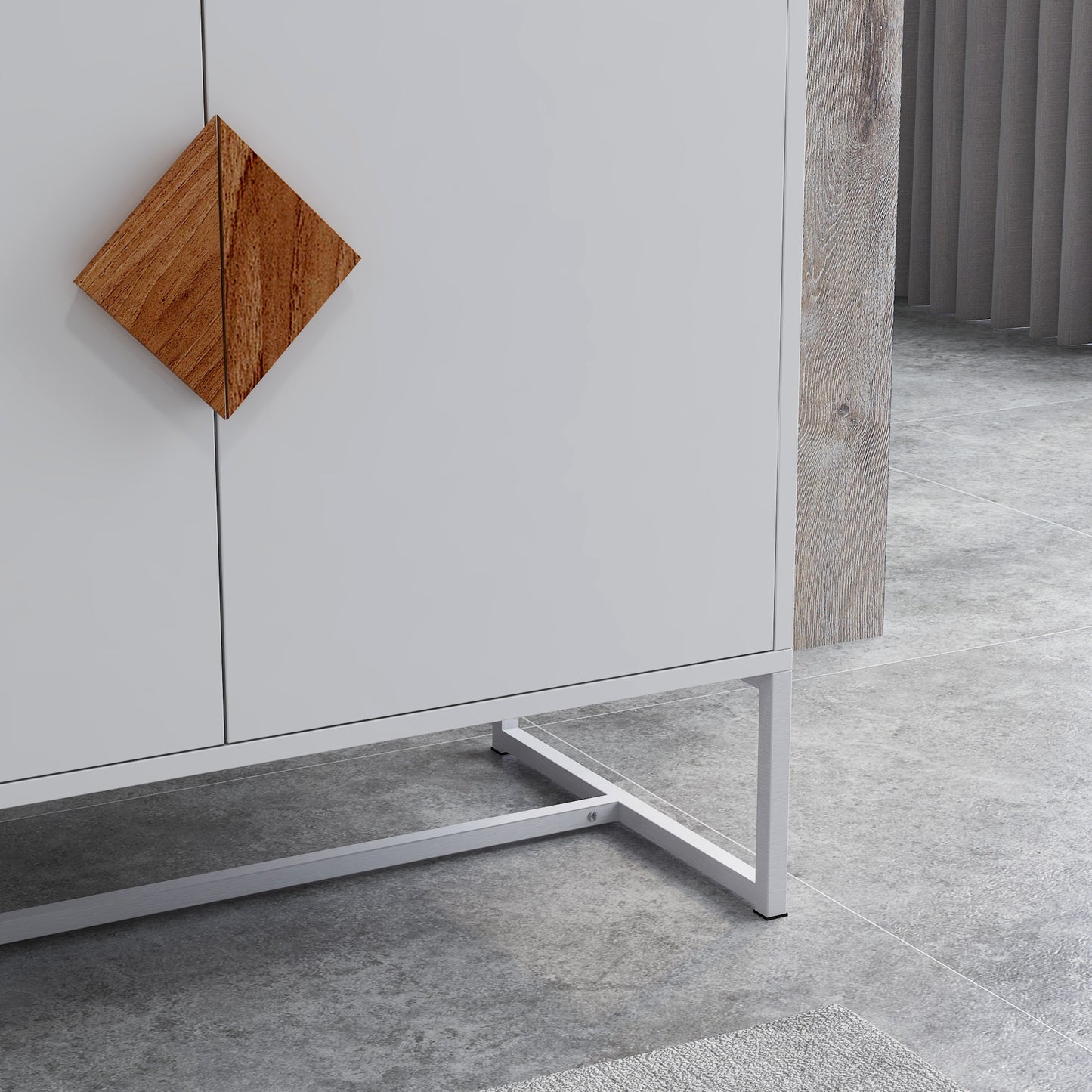 Minimalist White Storage Cabinet with Wood Handle