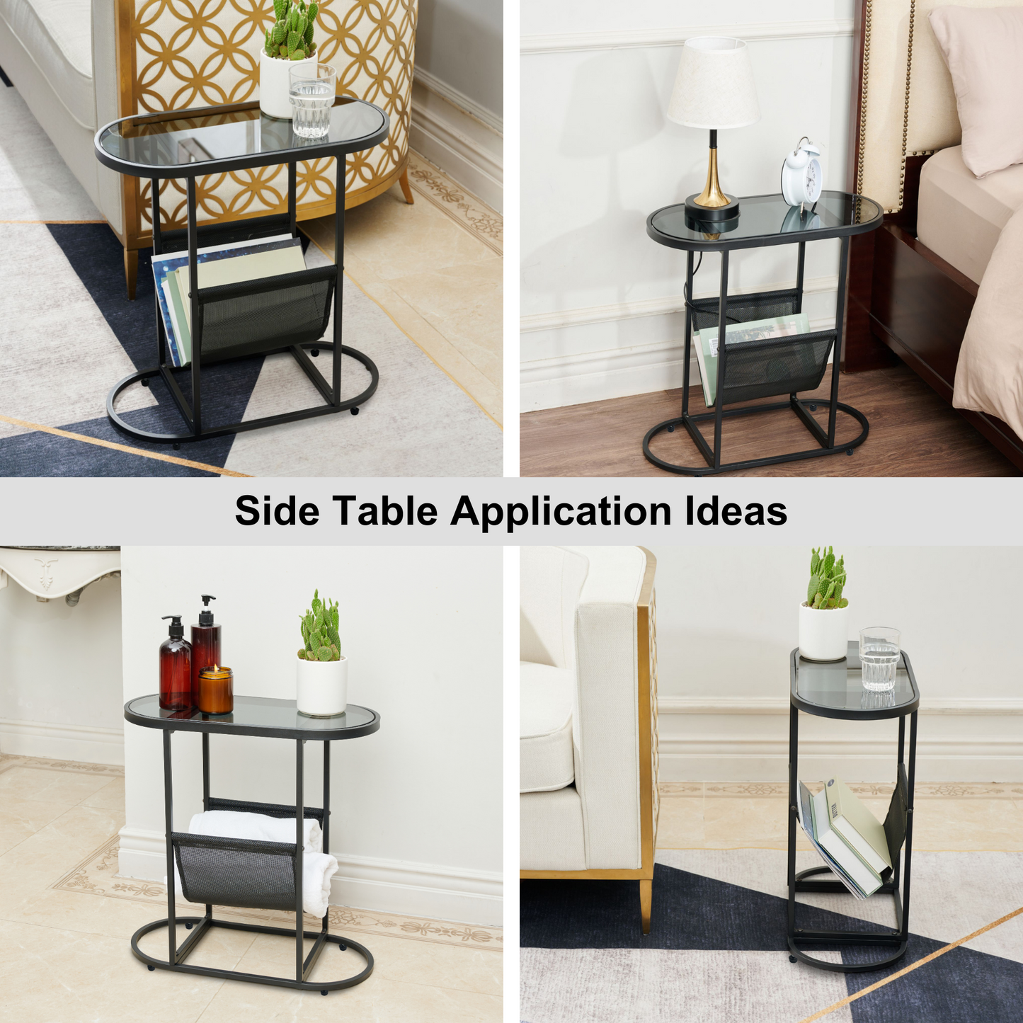 Glass Oval Small Side Tables with Magazines Organizer Storage Space (Set of 2)