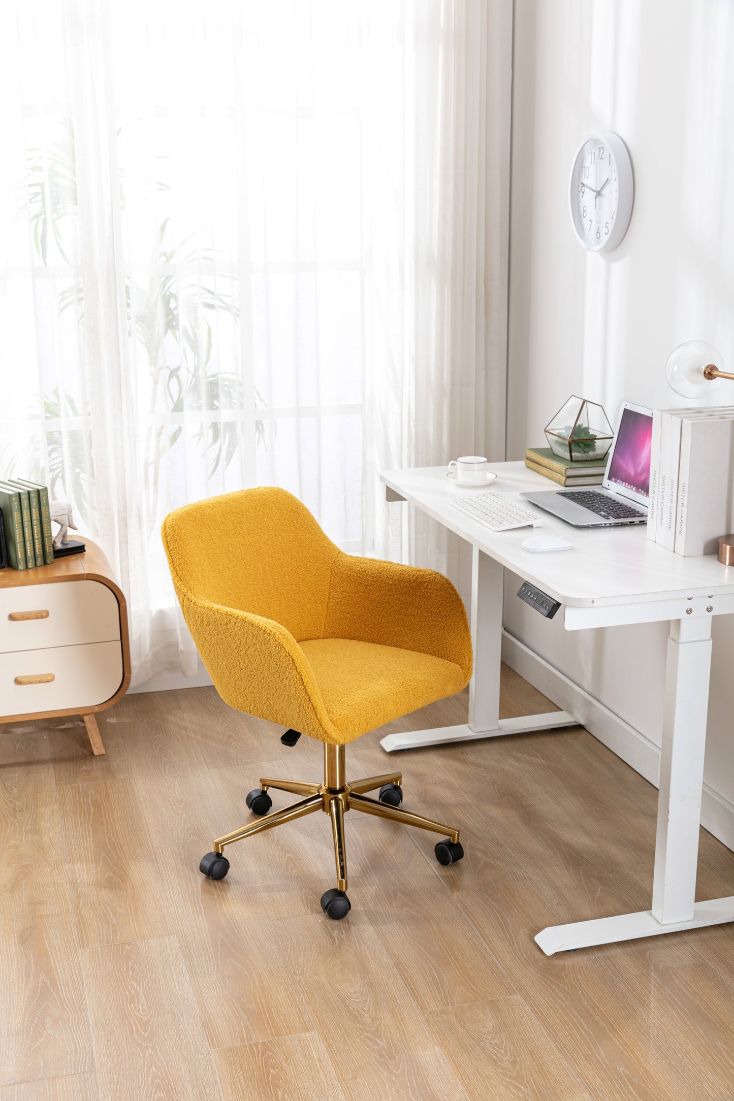 Modern Yellow Plush Fabric Home Office Chair with Wheels