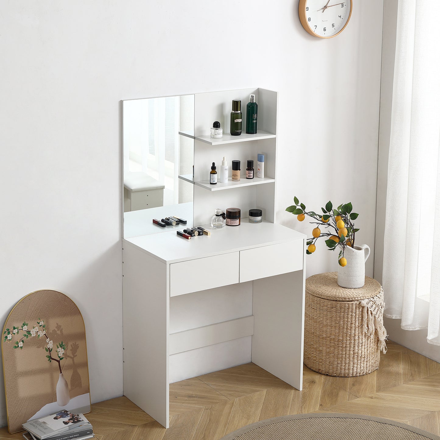 Vanity Desk with Mirror, Shelves, and Drawers